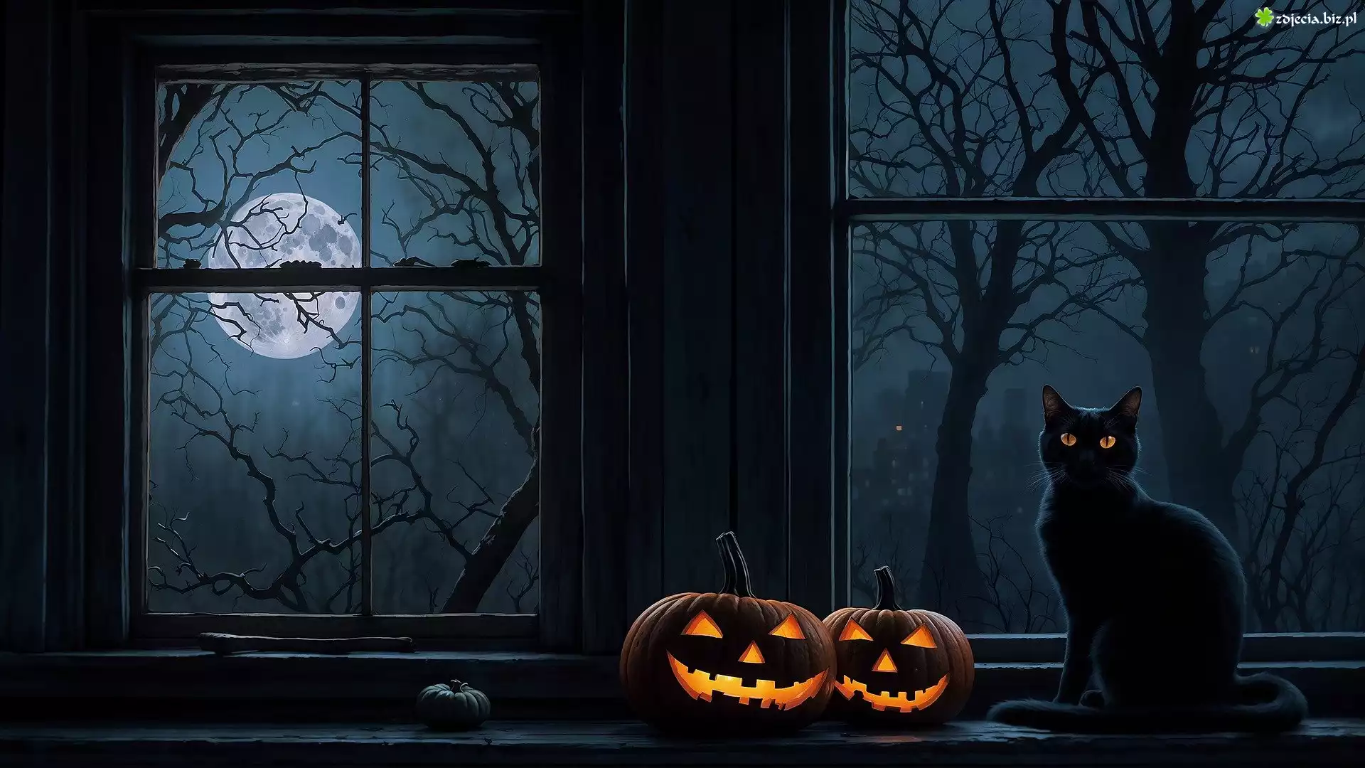 Halloween, Kot, Dynie, Księżyc, Okno