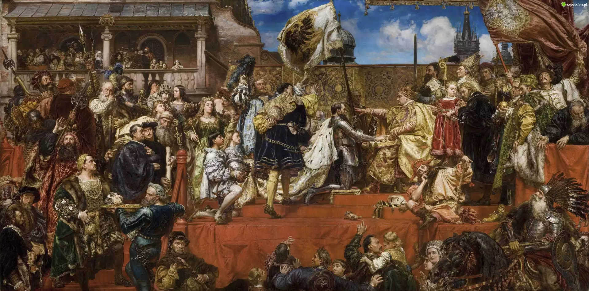 Reprodukcja obrazu, Jan Matejko, Hołd pruski 1525, Król, Zygmunt I Stary, Książę, Albrecht Hohenzollern, Kraków