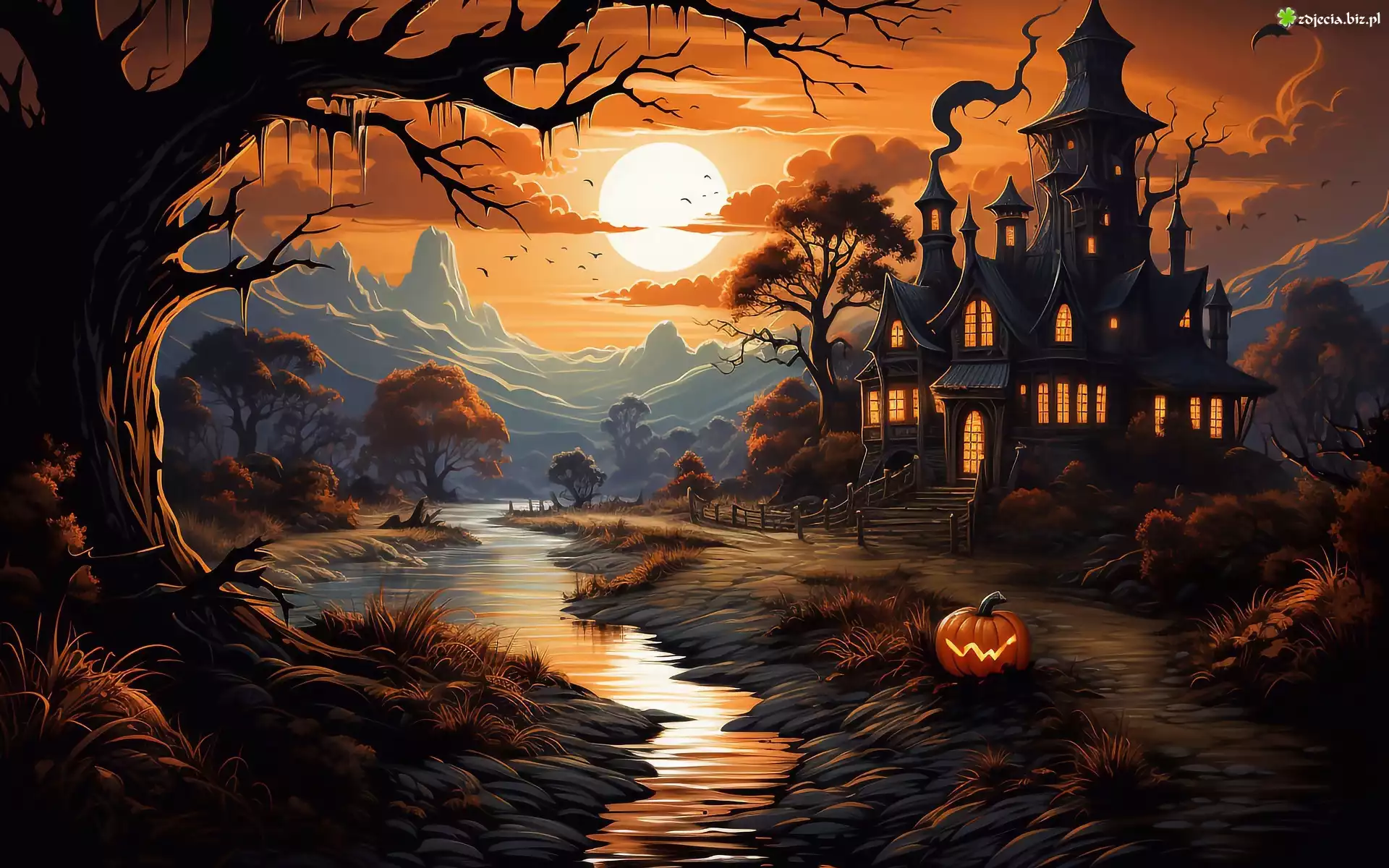 Halloween, Grafika, Góry, Rzeka, Dom, Drzewa, Dynia, Księżyc