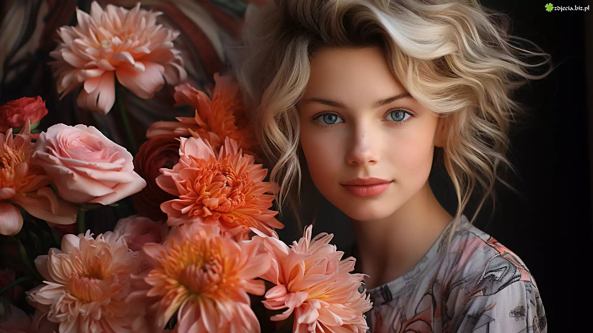 Kobieta, Blondynka, Spojrzenie, Kwiaty, Grafika, 2D
