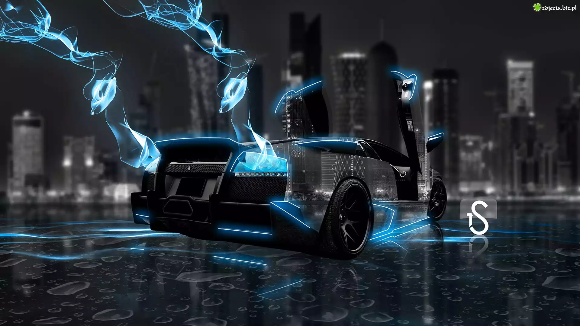 Czarny, Lamborghini Murcielago, Noc, Miasto, Grafika