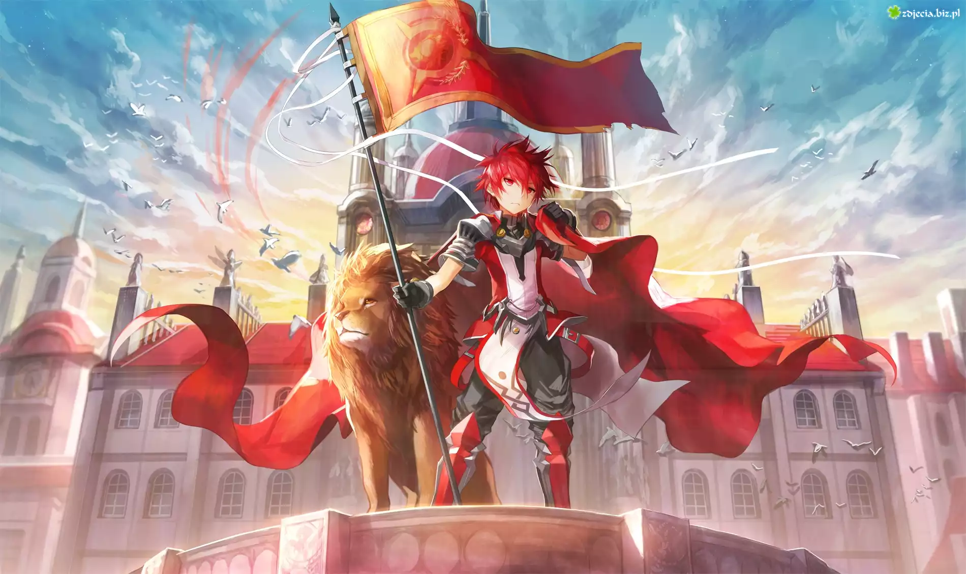 Elsword, Lew, Miasto, Flaga, Czerwony, Zbroja, Niebo, Ptaki