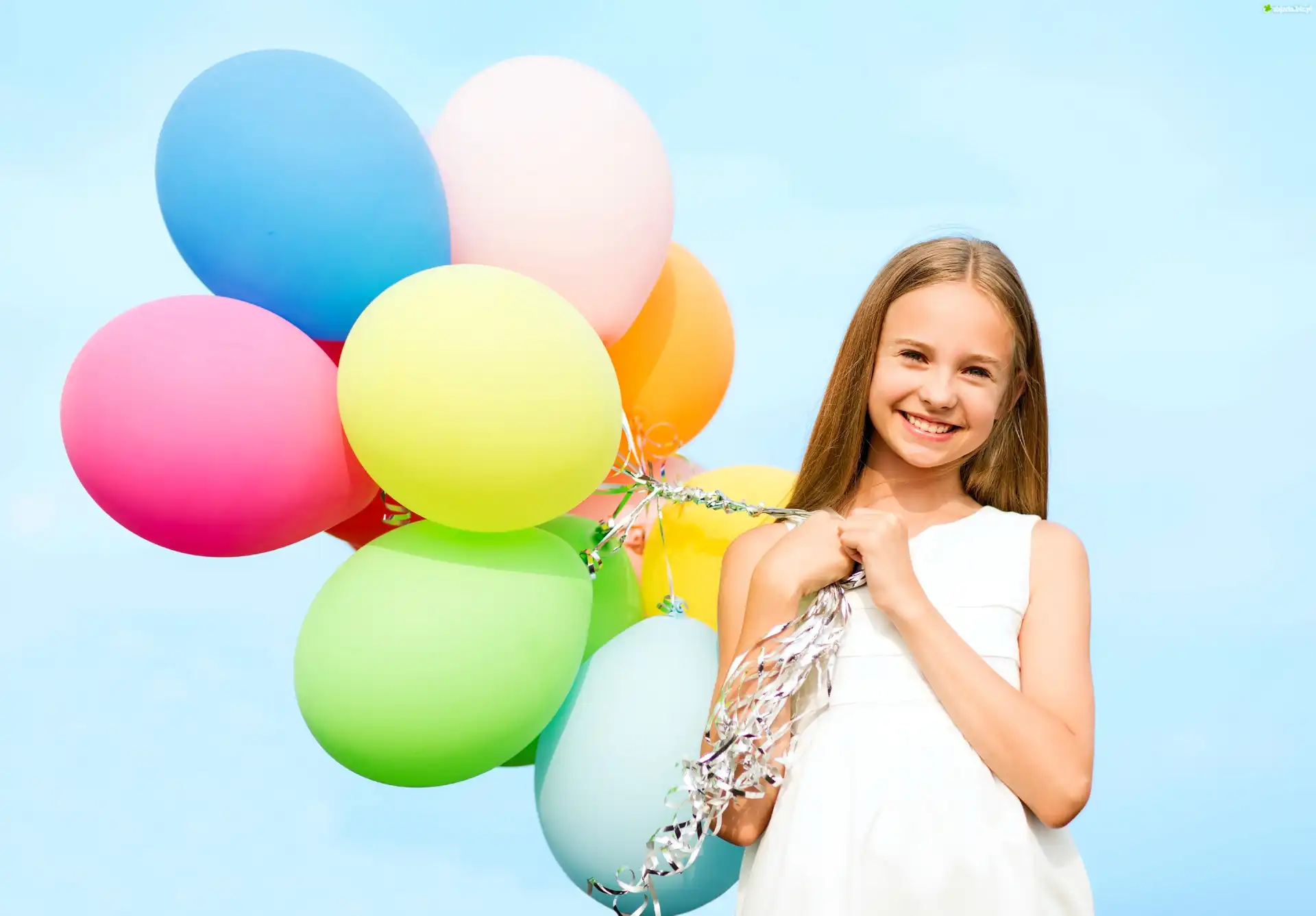 Śliczna, Blond, Dziewczynka, Dziecko, Kolorowe, Balony, Uśmiech