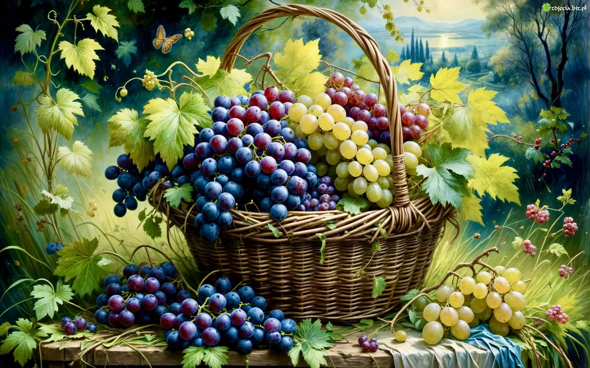 Grafika, Koszyk, Winogrona, Liście