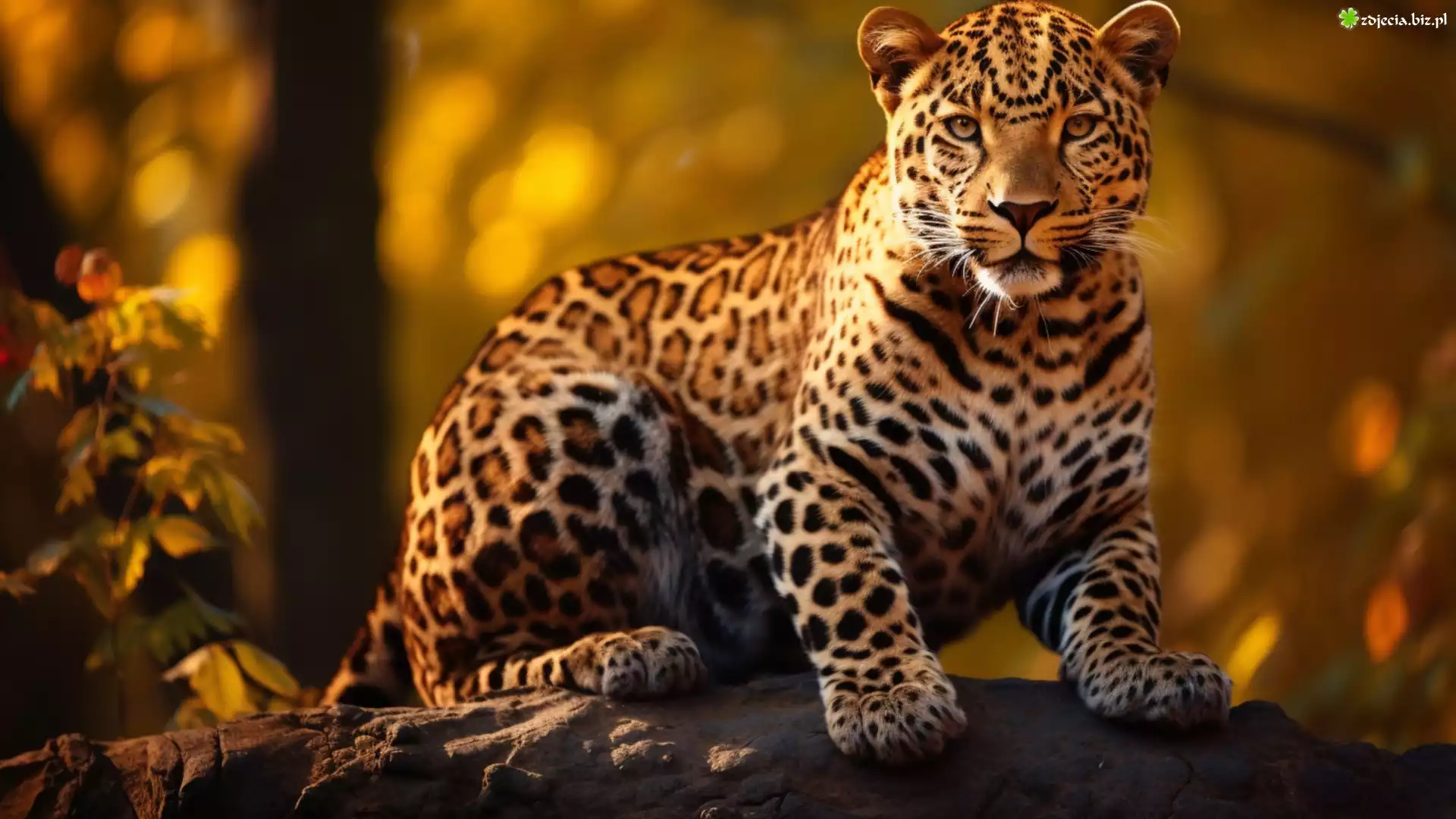 Jaguar, Siedzący, Spojrzenie, Liście