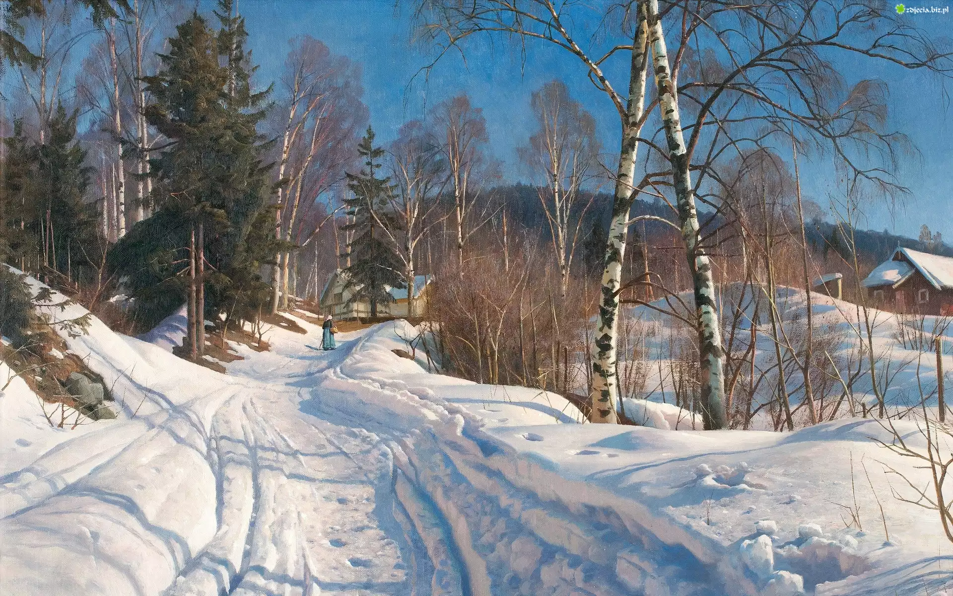 Malarstwo, Obraz, Duński, Malarz, Peder Mork Monsted, Zima, Wiejska, Droga, Staruszka, Drzewa, Domy