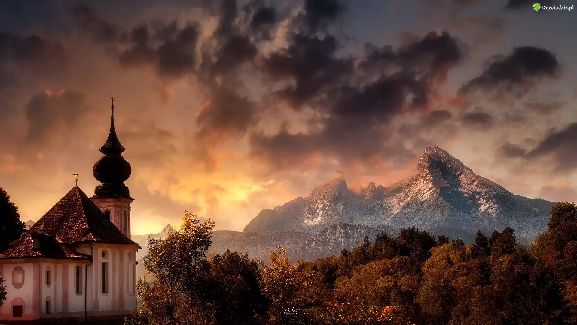 Kościół, Sanktuarium Maria Gern, Berchtesgaden, Bawaria, Niemcy, Góry, Alpy Salzburskie, Drzewa