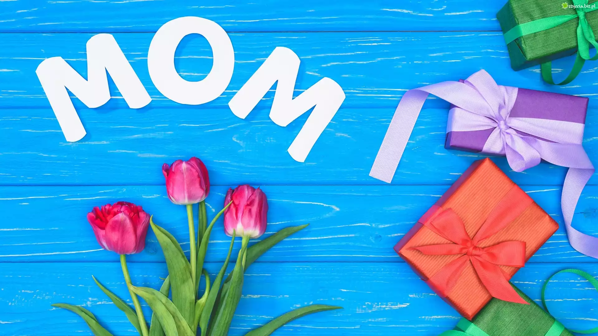 Dzień Matki, Tulipany, Prezenty, Napis, Mom, Mama