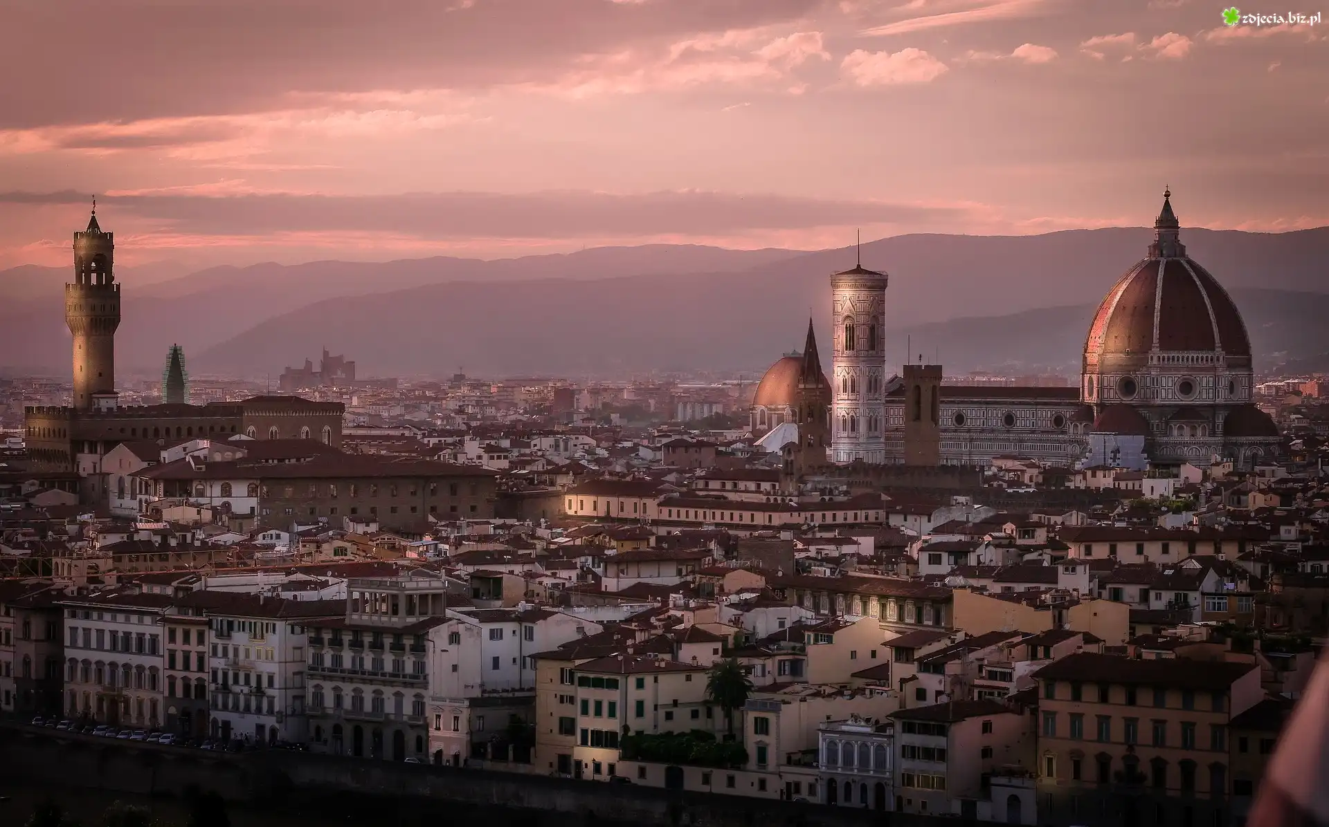 Miasto, Florencja, Domy, Kopuła, Santa Maria del Fiore, Katedra Matki Boskiej Kwietnej, Dzwonnica Giotta, Zachód słońca, Włochy