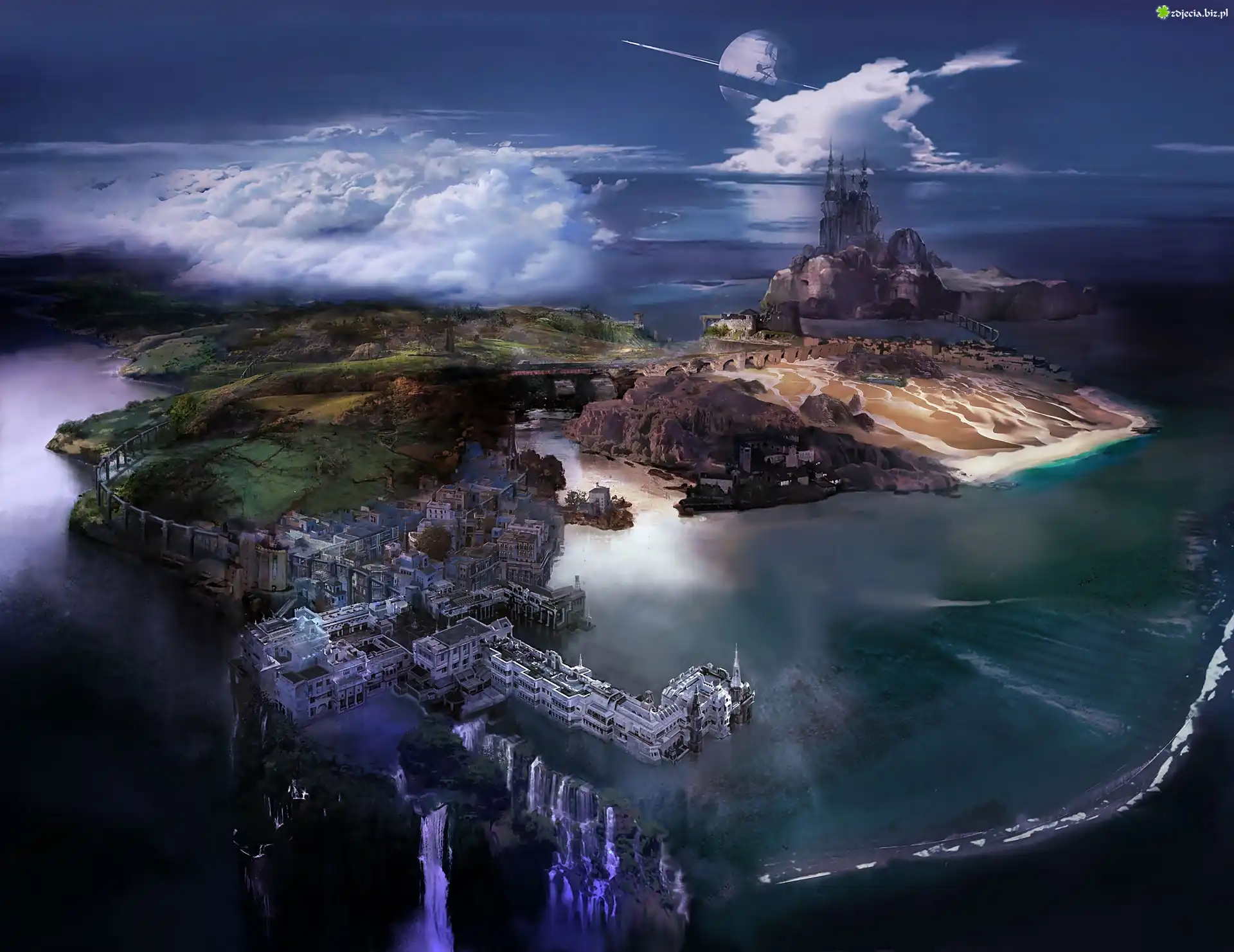 Miasto, Fantasy, Wyspa, Zamek, Morze