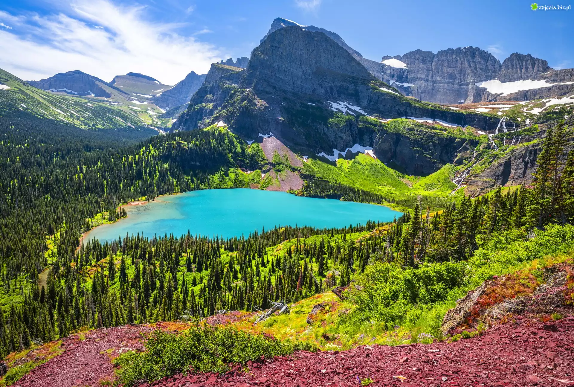 Park Narodowy Glacier, Jezioro, Grinnell Lake, Góry, Lasy, Niebo, Montana, Stany Zjednoczone