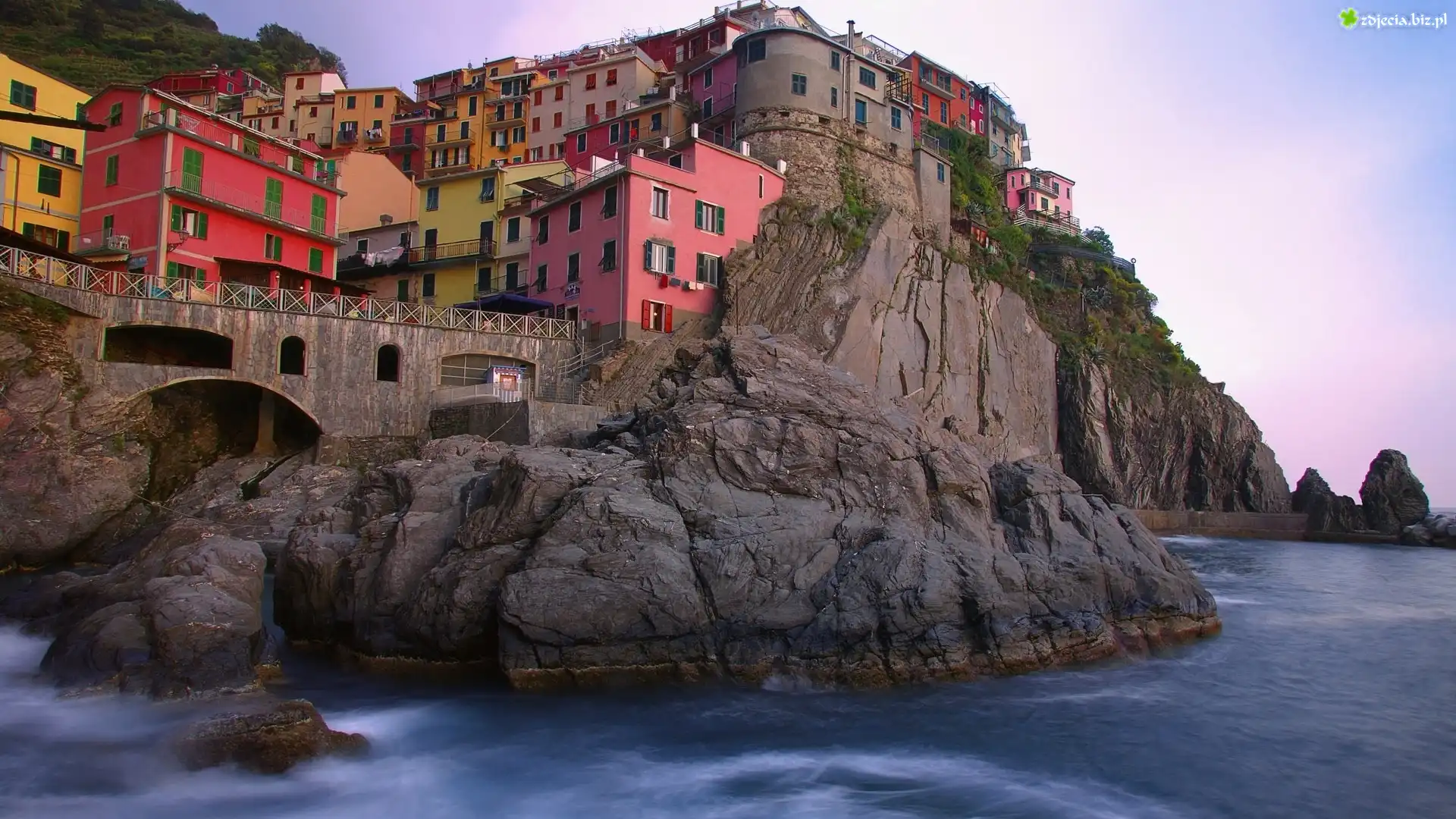 Morze, Domy, Manarola, Włochy, Skała