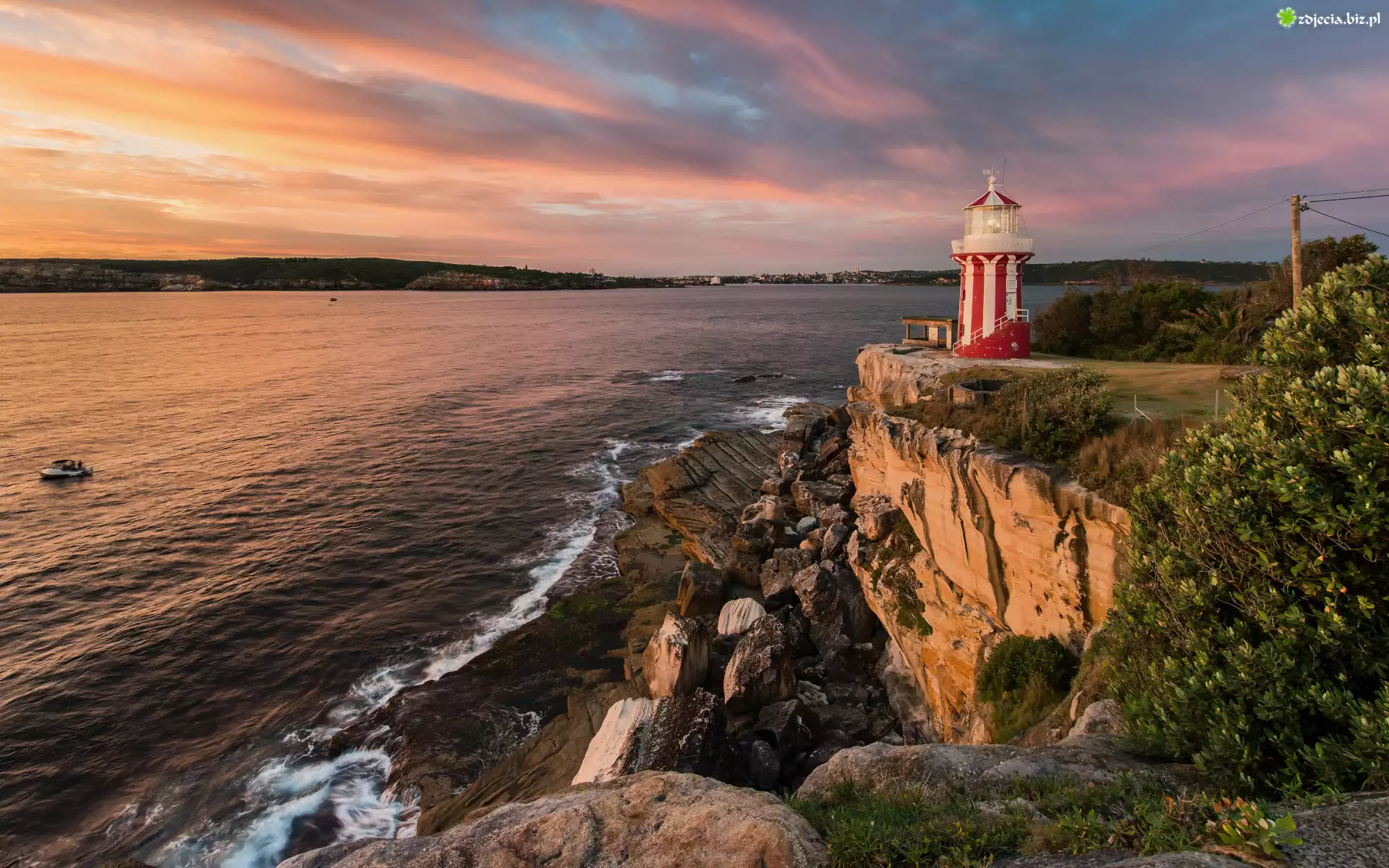 Morze, Skały, Latarnia morska, Hornby Lighthouse, Drzewa, Kamienie, Poranek, Australia
