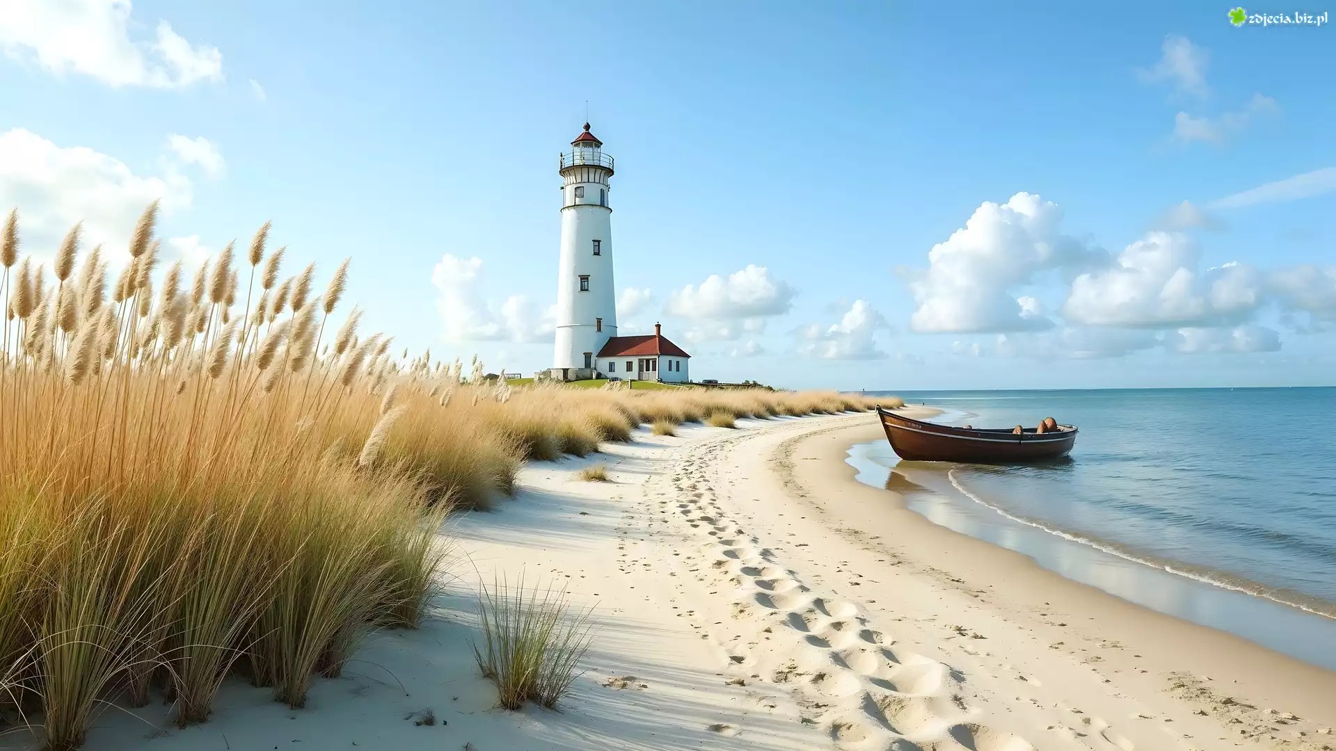Latarnia morska, Plaża, Morze, Łódka, Trawa