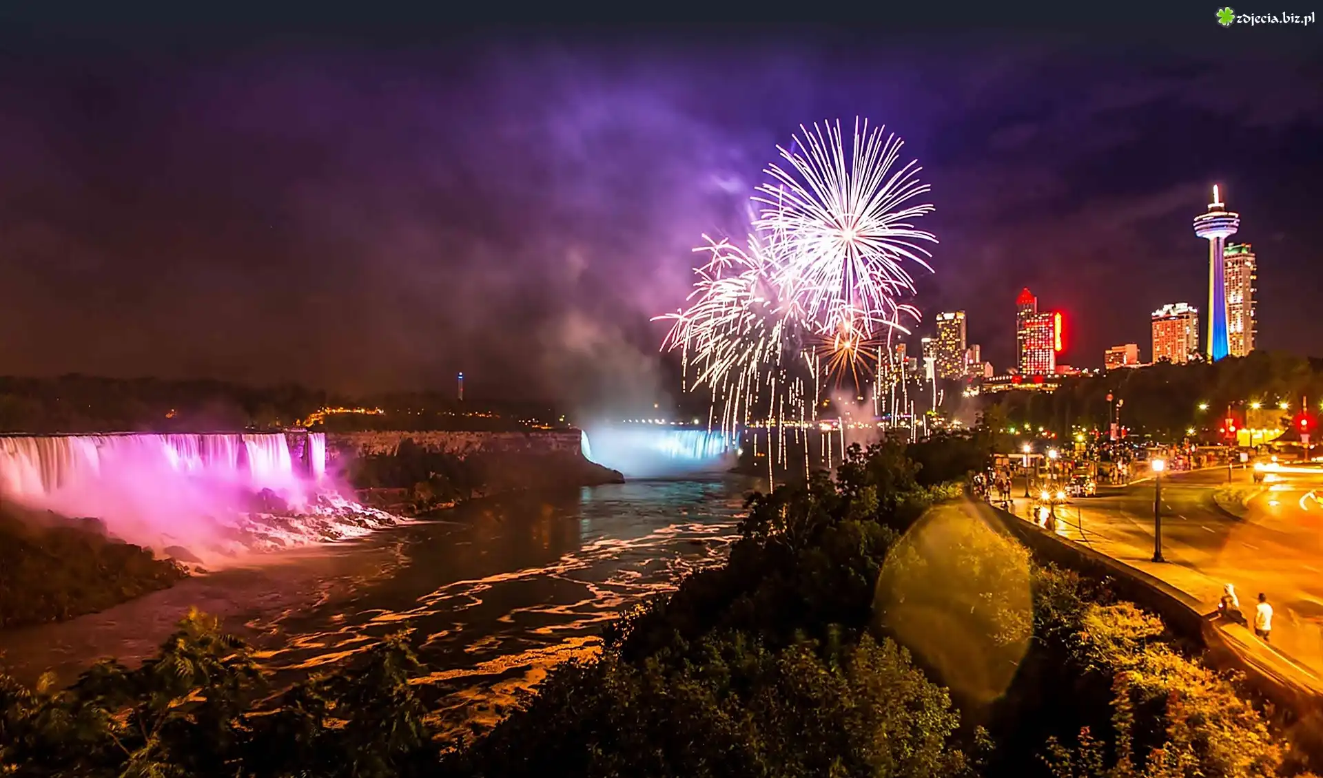 Wodospad, Niagara, Oświetlone, Sztuczne ognie, Budynki, Miasto