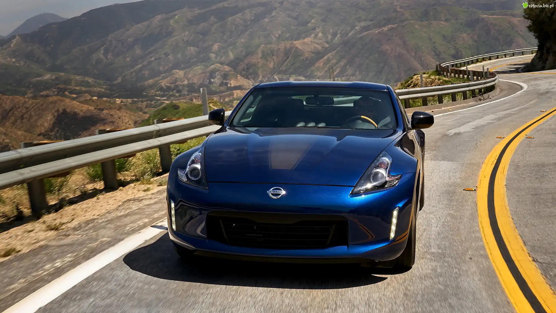 Niebieski, Nissan 370Z, Droga, Barierki