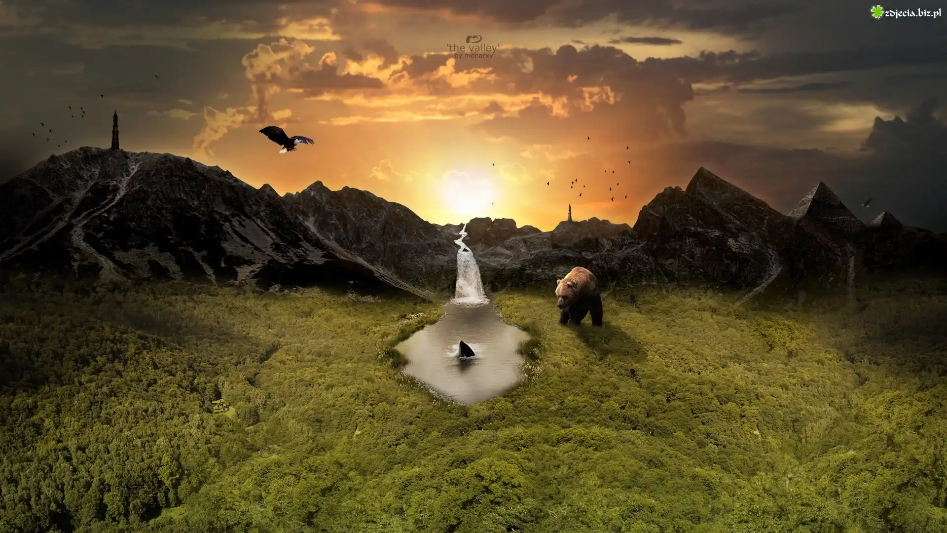 Niedźwiedź, Ptak, Zachód Słońca, Góry, Fantasy