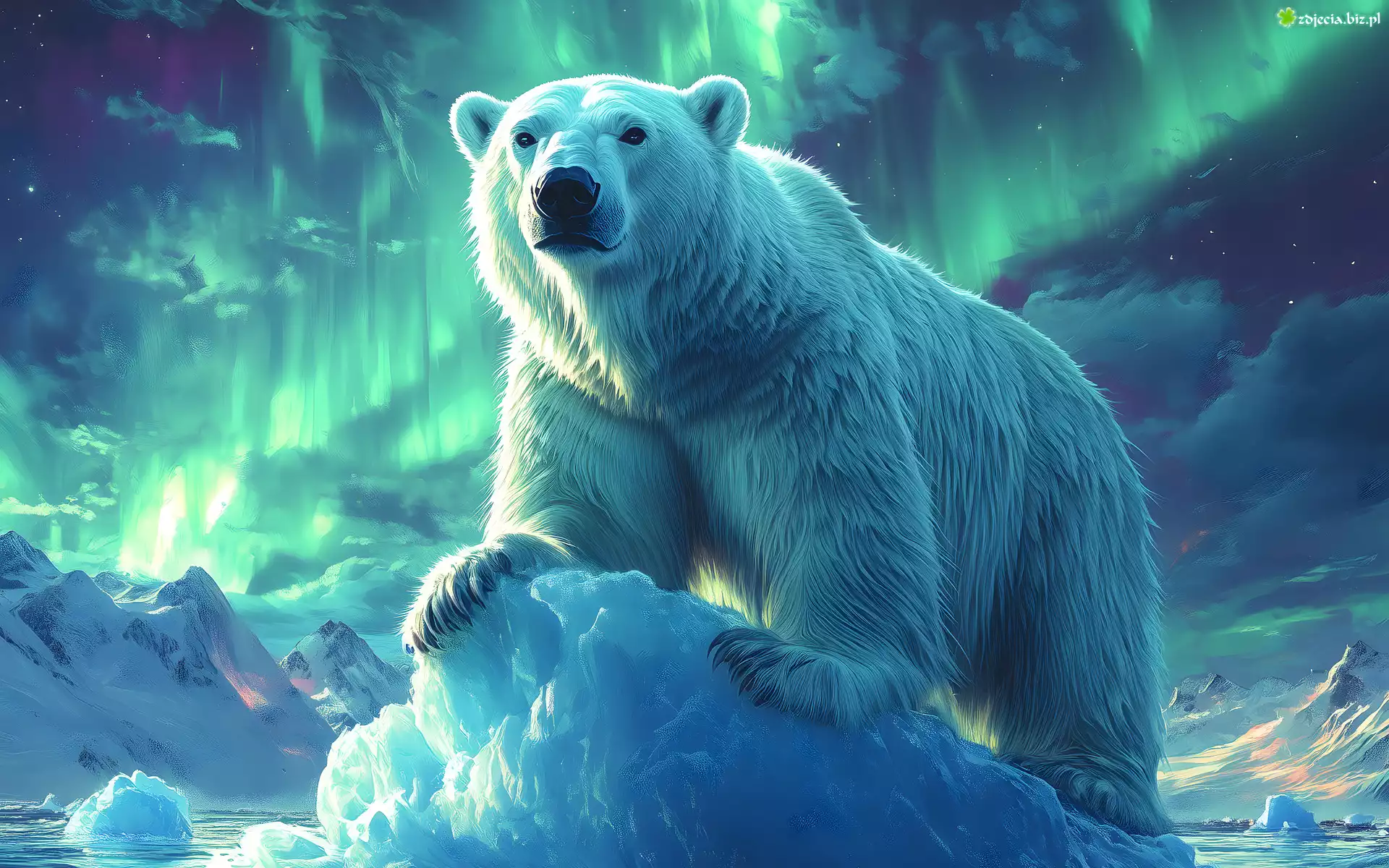 Grafika, Niedźwiedź, Polarny, Zorza polarna