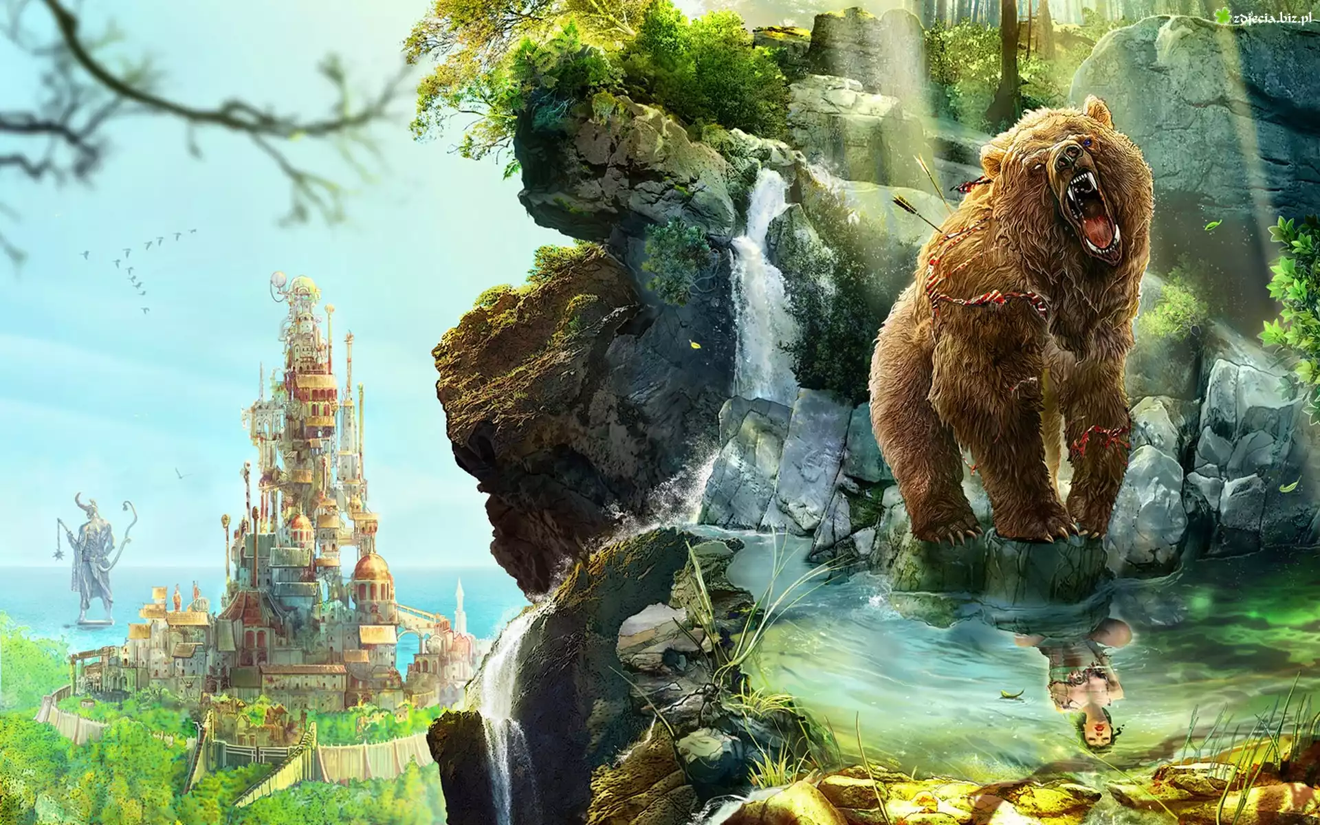 Ryczący, Niedźwiedź, Odbicie, Kobieta, Skały, Zamek, Fantasy