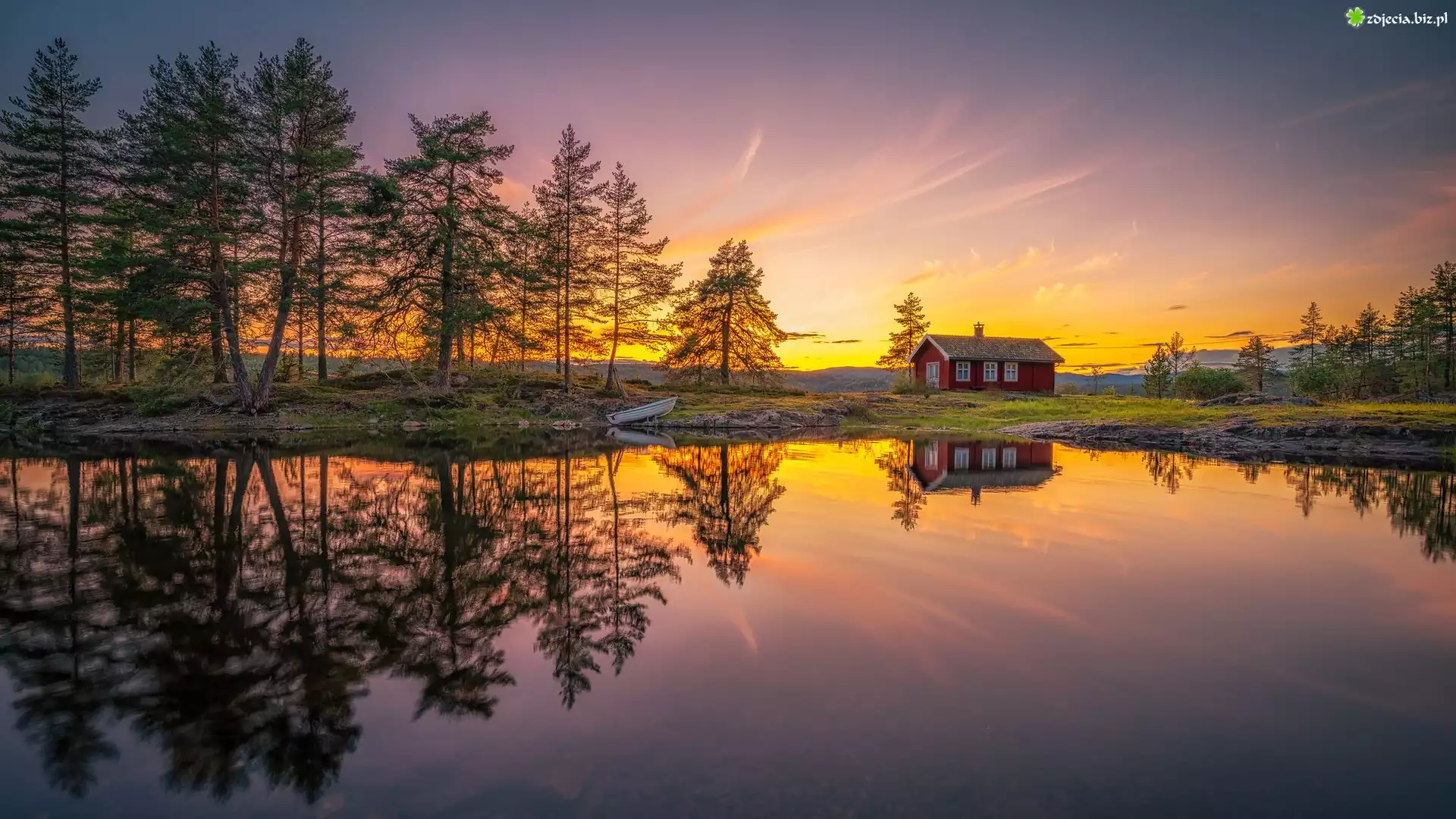 Norwegia, Ringerike, Tyristrand, Jezioro, Vaeleren, Drzewa, Dom, Odbicie, Wschód słońca