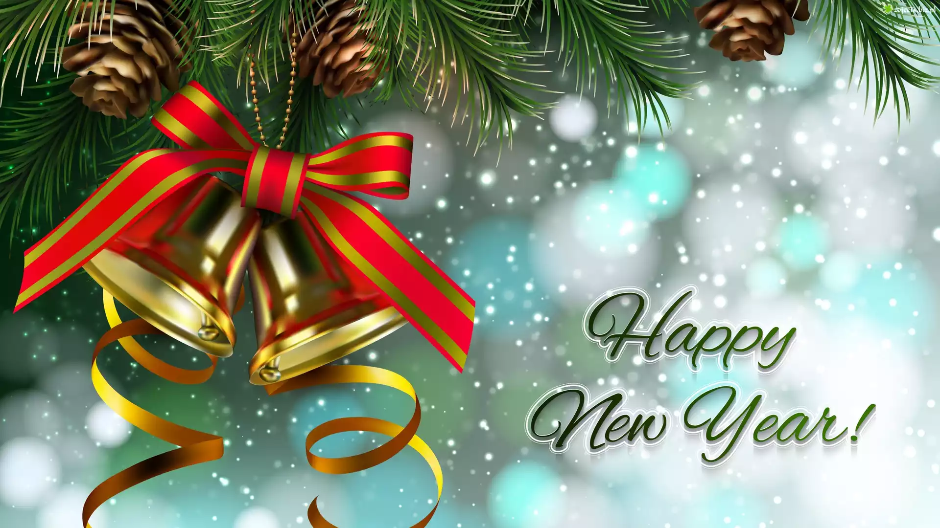 Dzwoneczki, Kokardka, Gałązki, Świerk, Szyszki, Nowy Rok, Napis, Happy New Year, Życzenia