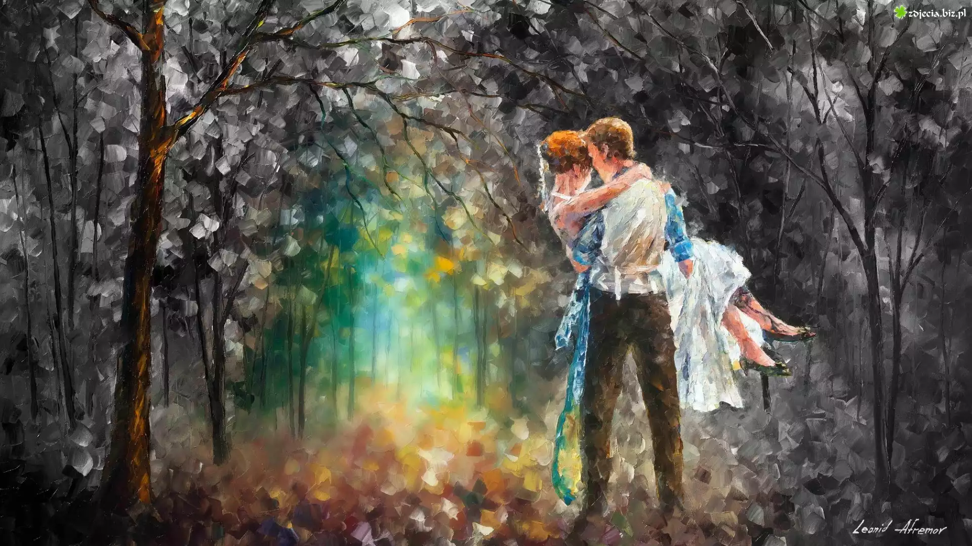 Malarstwo, Obraz, Leonid Afremov, Drzewa, Las, Mężczyzna, Kobieta
