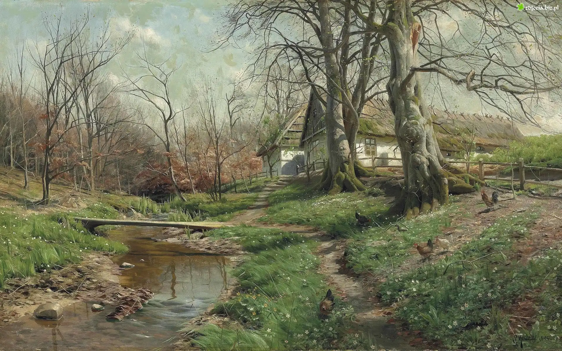 Obraz, Malarstwo, Wieś, Wiosna, Pejzaż, Kwiaty, Zawilce, Rzeka, Drewniana, Kładka, Drzewa, Domy, Kury, Peder Mork Monsted