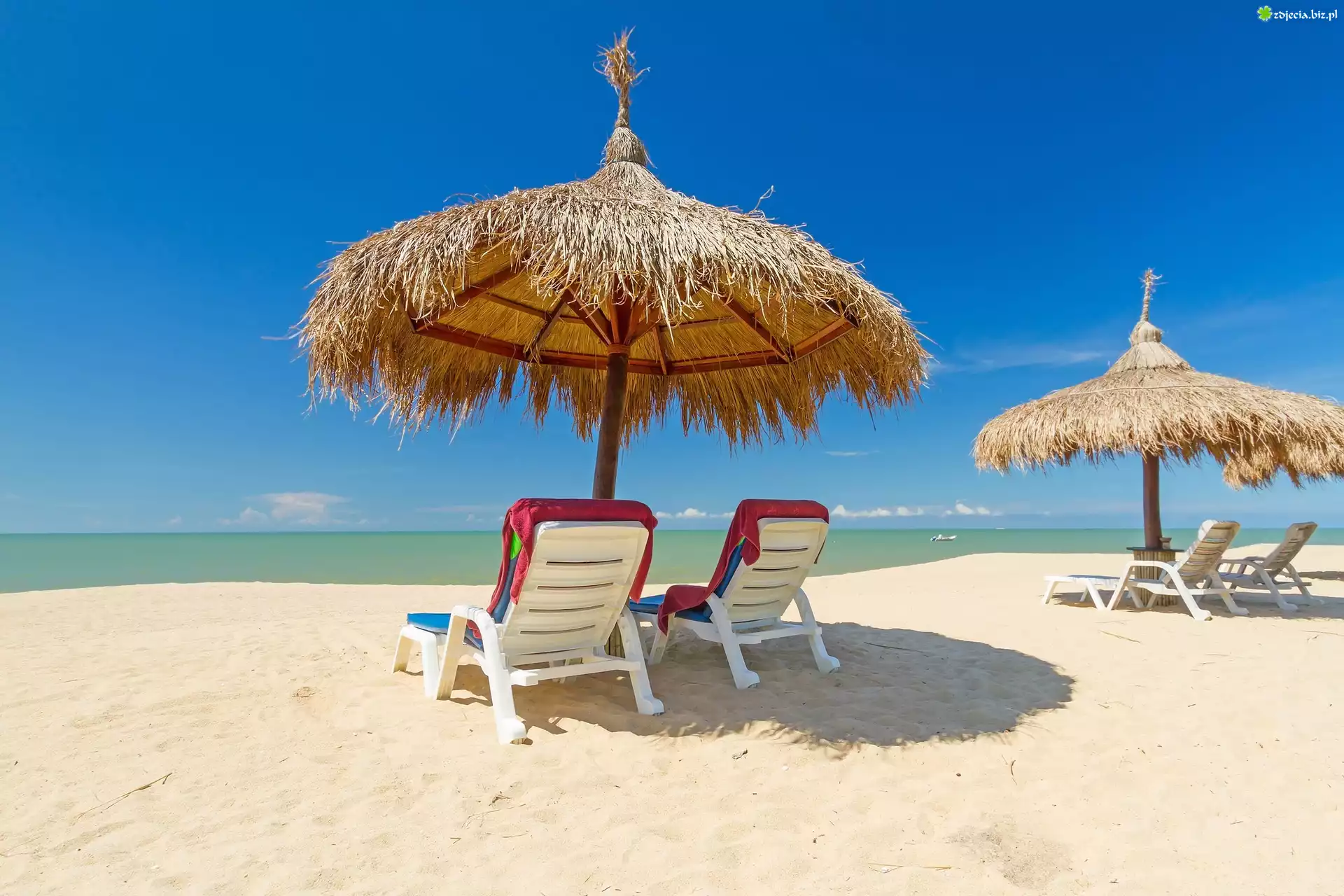 Ocean, Plaża, Parasole, Leżaki, Wakacje