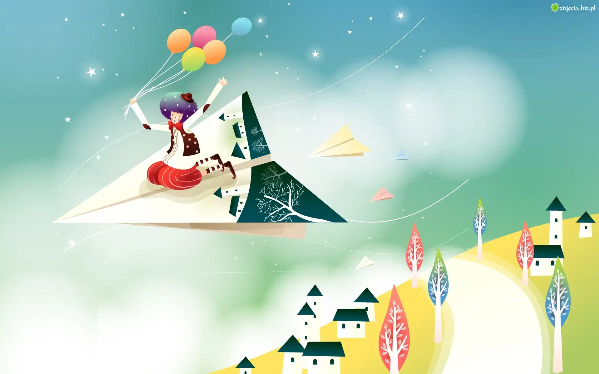 Pajacyk, Lot, Papierowy, Samolot, Balony, Fantasy