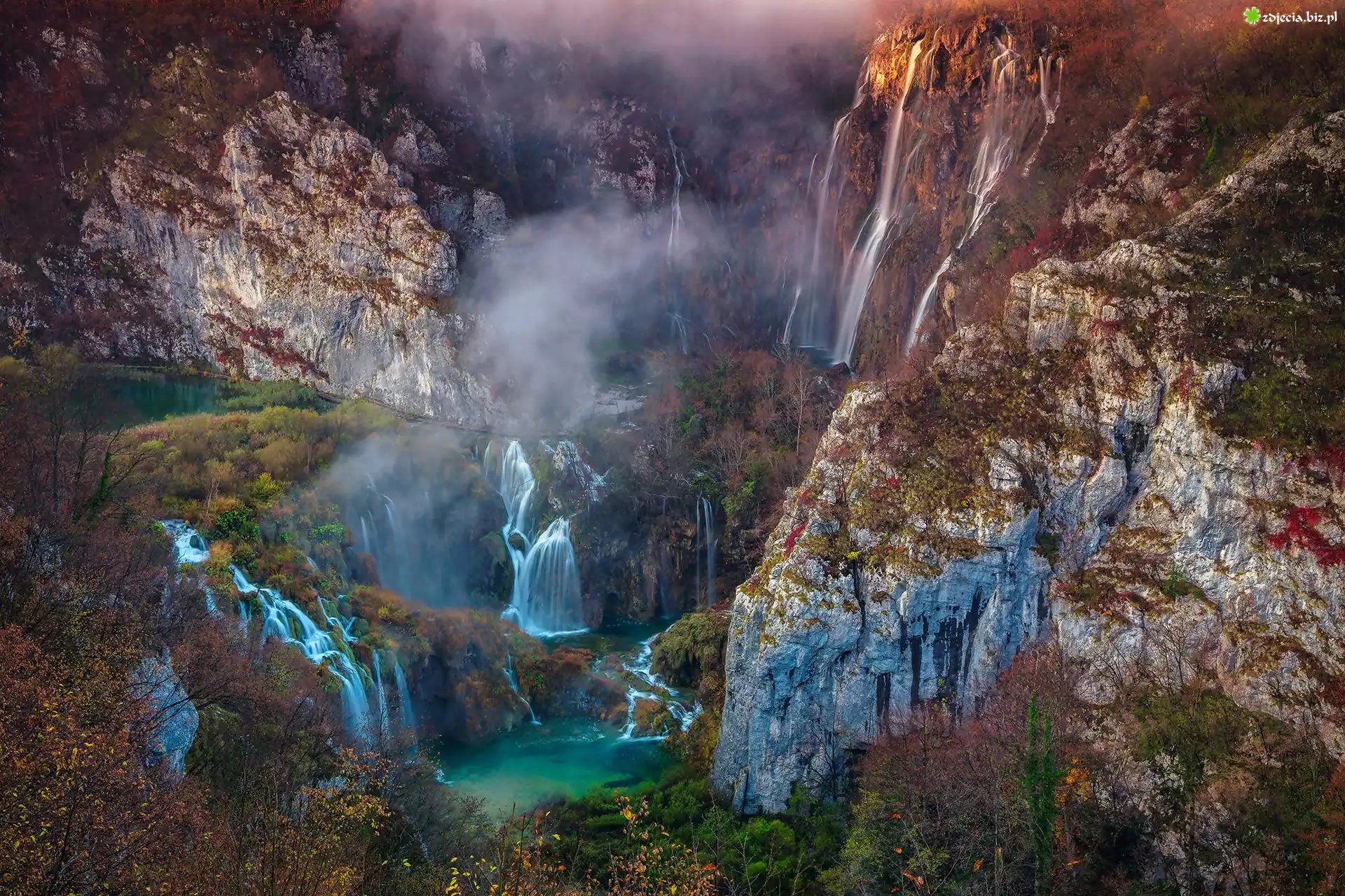 Chorwacja, Plitvice, Park Narodowy Jezior Plitwickich, Wodospad, Góry, Skały, Jeziora, Krzewy