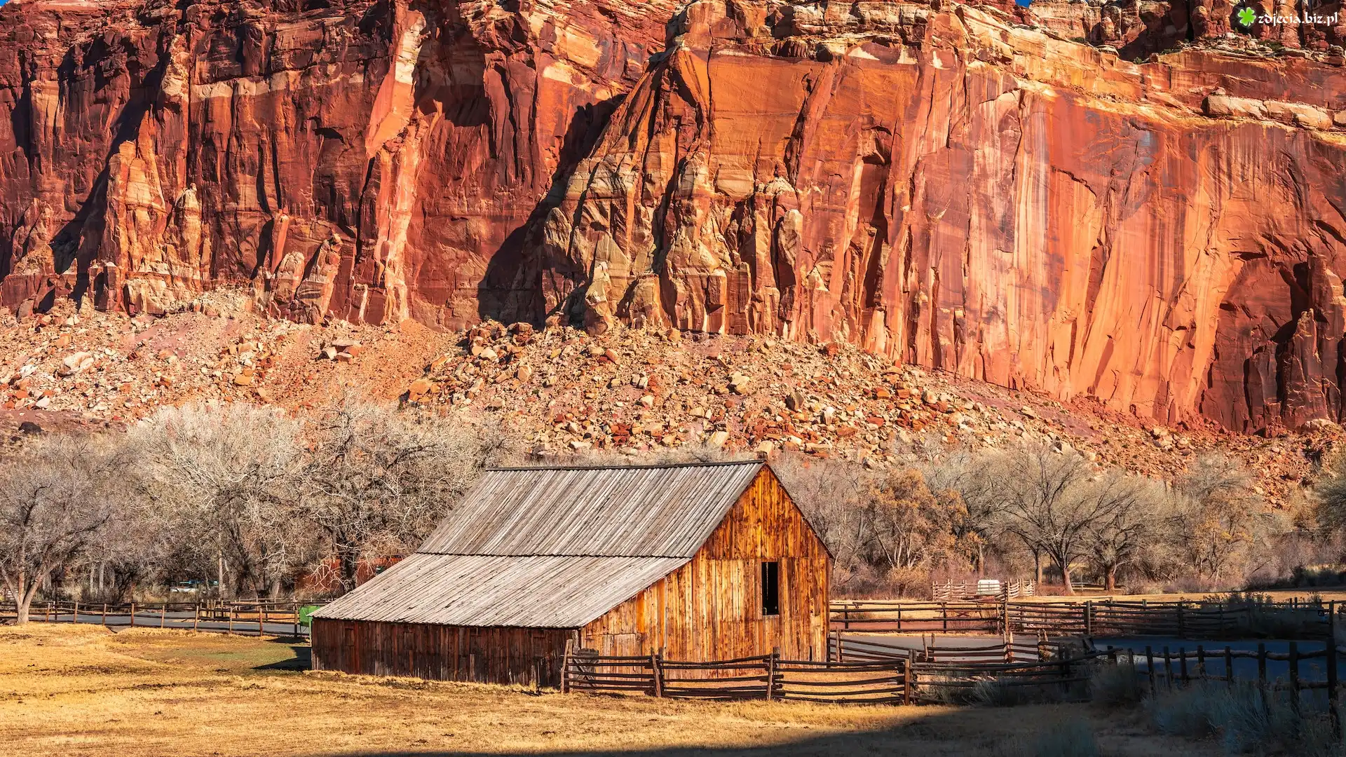Park Narodowy Capitol Reef, Stan Utah, Stany Zjednoczone, Skały, Drzewa, Drewniany, Dom, Ogrodzenie