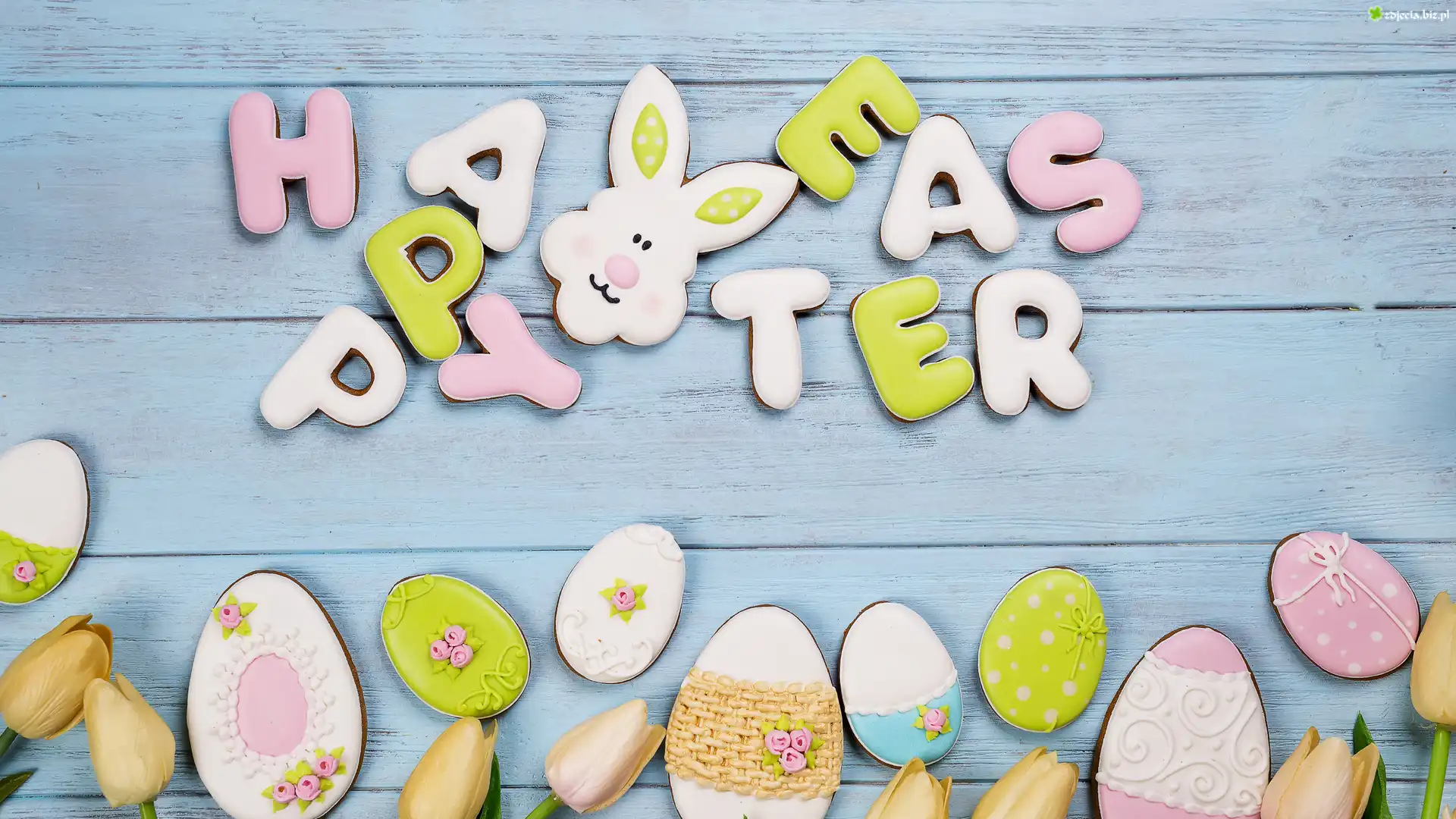 Ciasteczka, Pisanki, ZajÄ…czek, Tulipany, Napis, Happy Easter, Wielkanoc