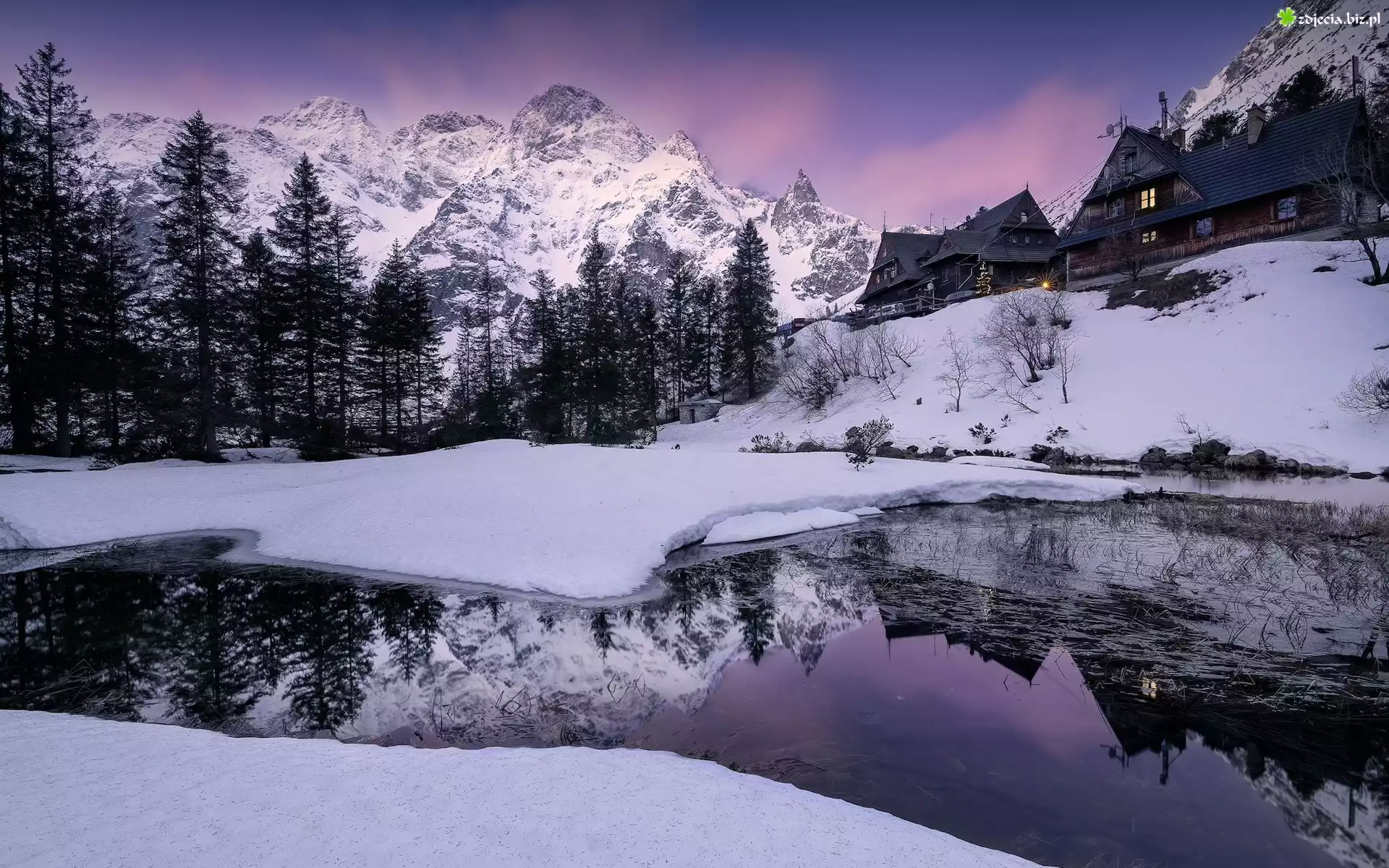 Polska, Góry, Tatry, Jezioro, Morskie Oko, Zima, Drzewa, Domy