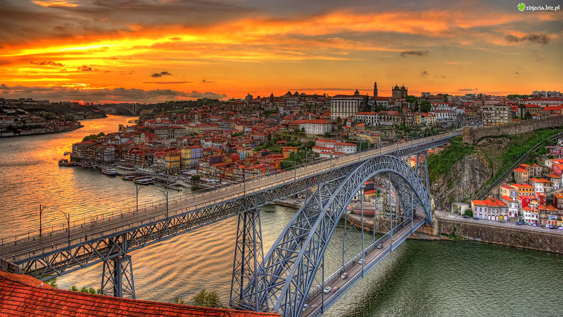 Portugalia, Miasto, Porto, Rzeka Duero, Most, Domy, Zachód słońca