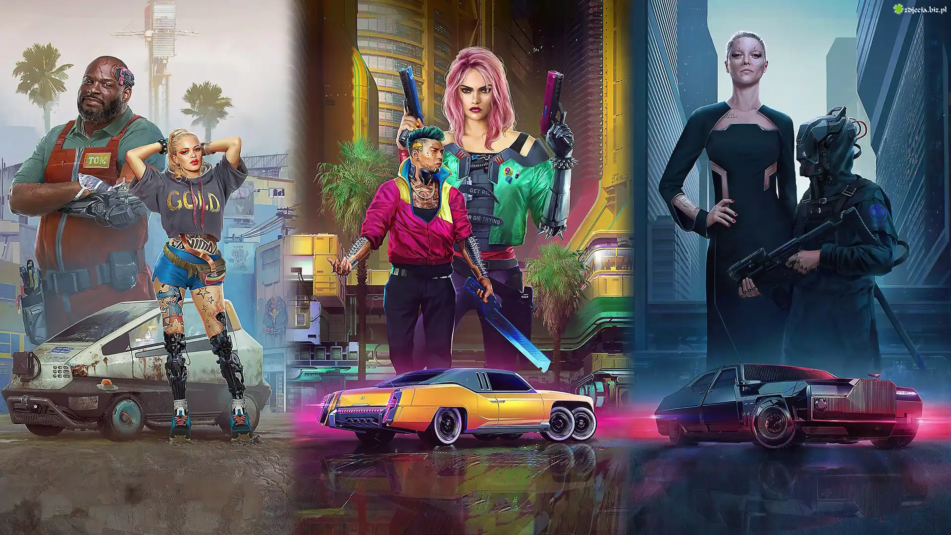 Gra, Cyberpunk 2077, Postacie, Pojazdy, Plakat