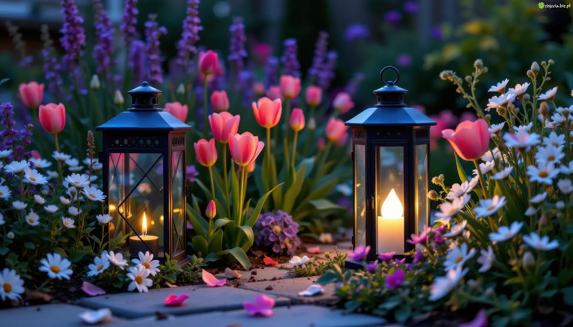 Dwa, Świecące, Lampiony, Różowe, Tulipany, Białe, Kwiaty