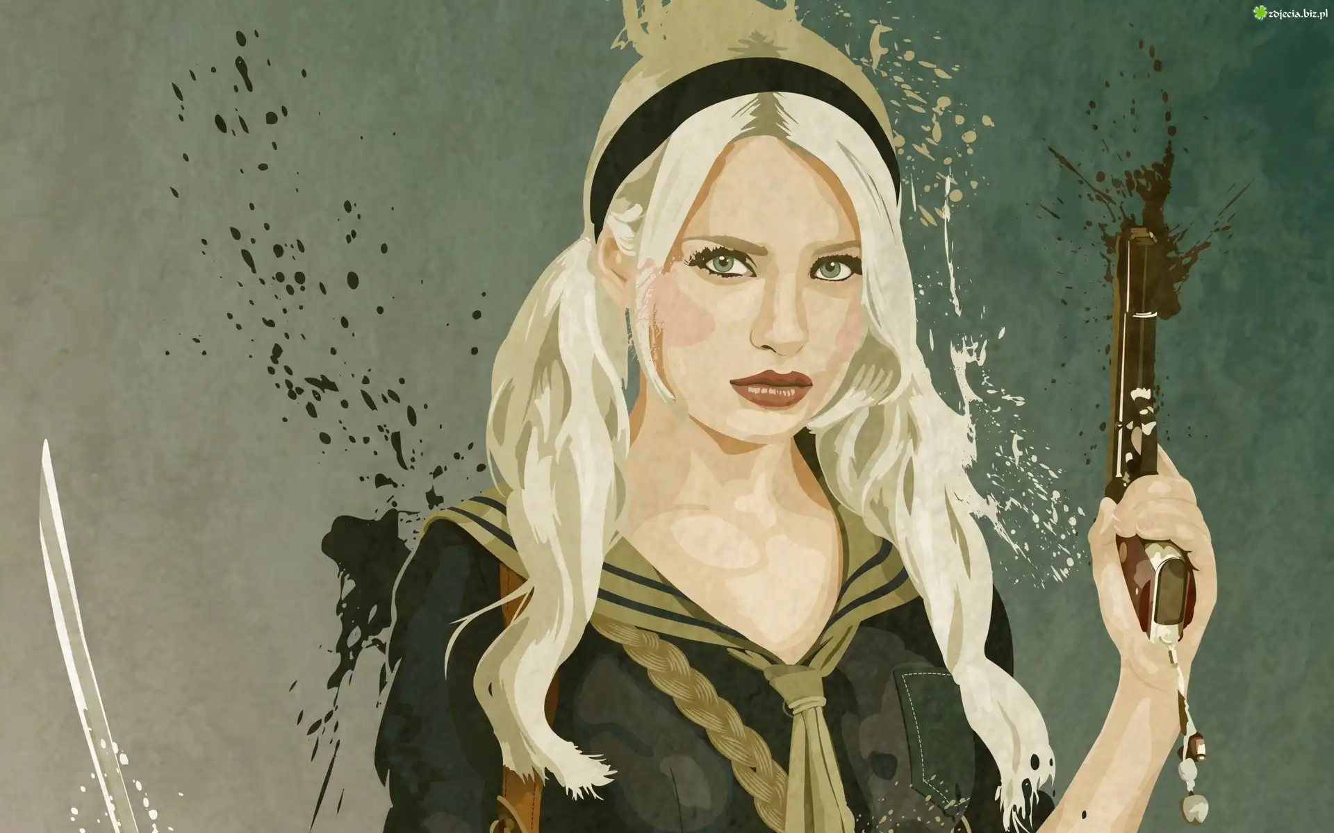 Dziewczyna, Aktorka, Emily Browning, Film, Sucker Punch, Pistolet, Rysunek