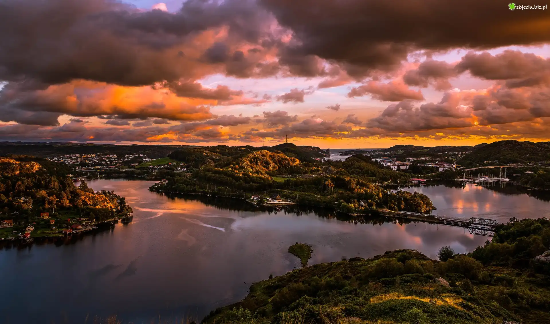 Rzeka, Most, Wzgórza, Zachód Słońca, Egersund, Norwegia