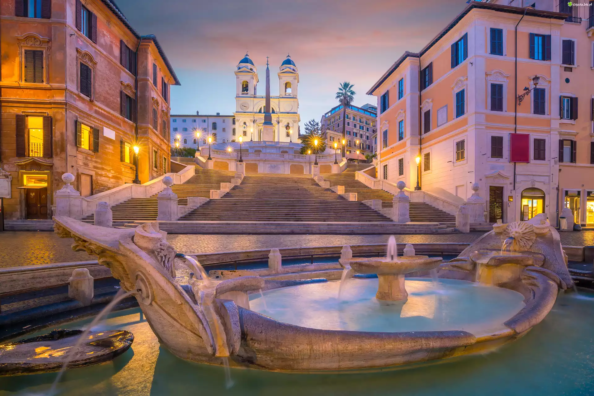 Rzym, Piazza di Spagna, Schody Hiszpańskie, Domy, Fontanna, Włochy