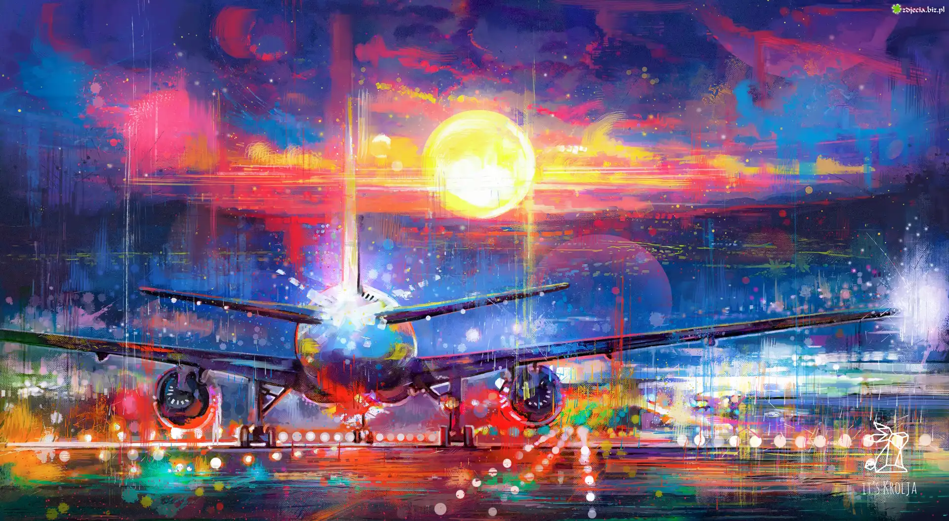 Grafika, Digital art, Samolot, Pas startowy, Słońce