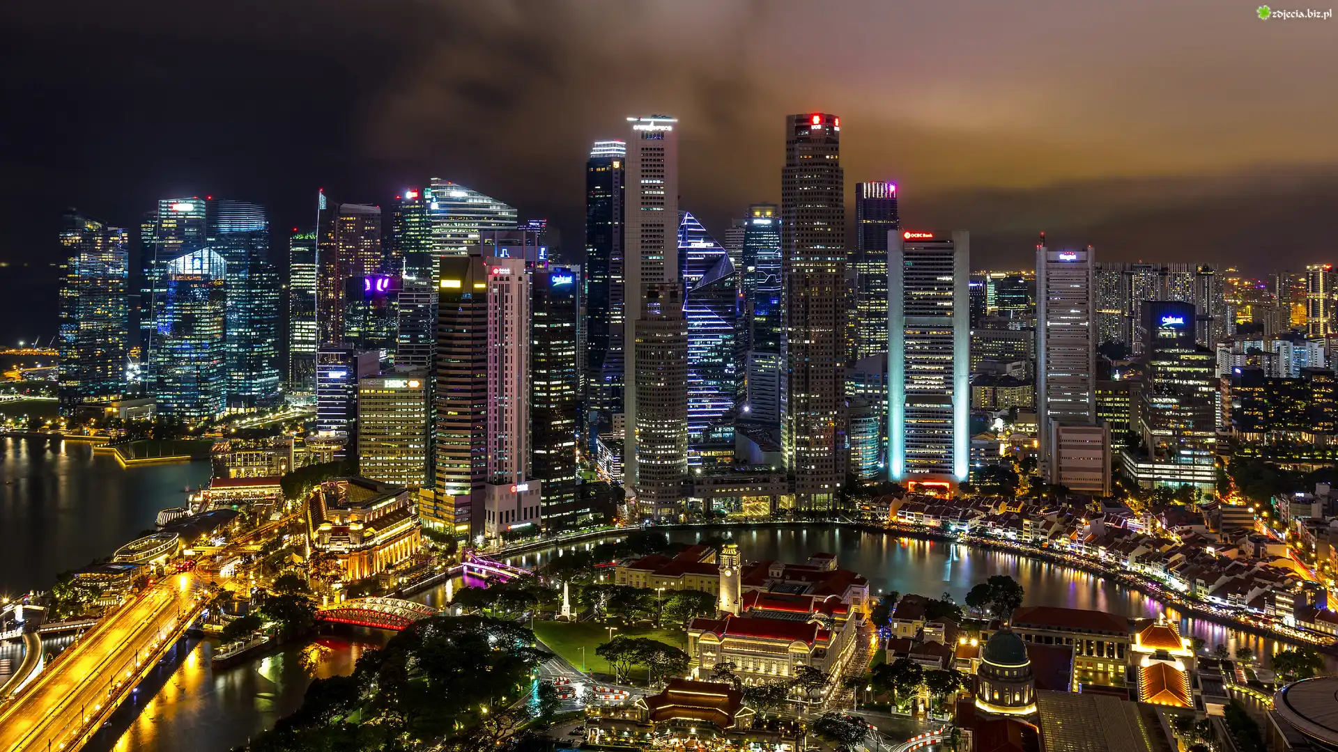 Singapur, Most, Noc, Drapacze chmur, Rzeka