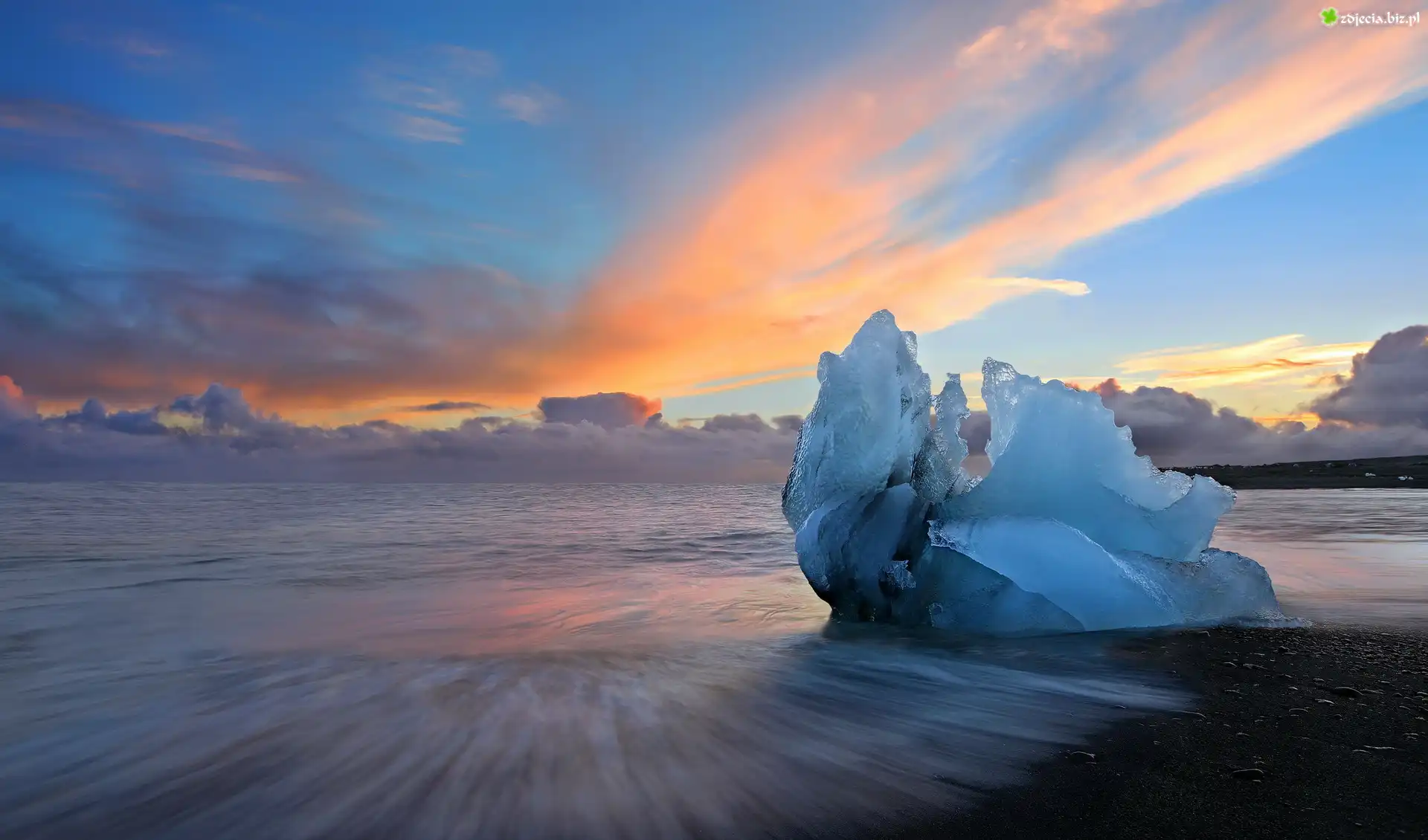 Islandia, Jezioro Jökulsárlón, Bryła, Lód, Zachód słońca