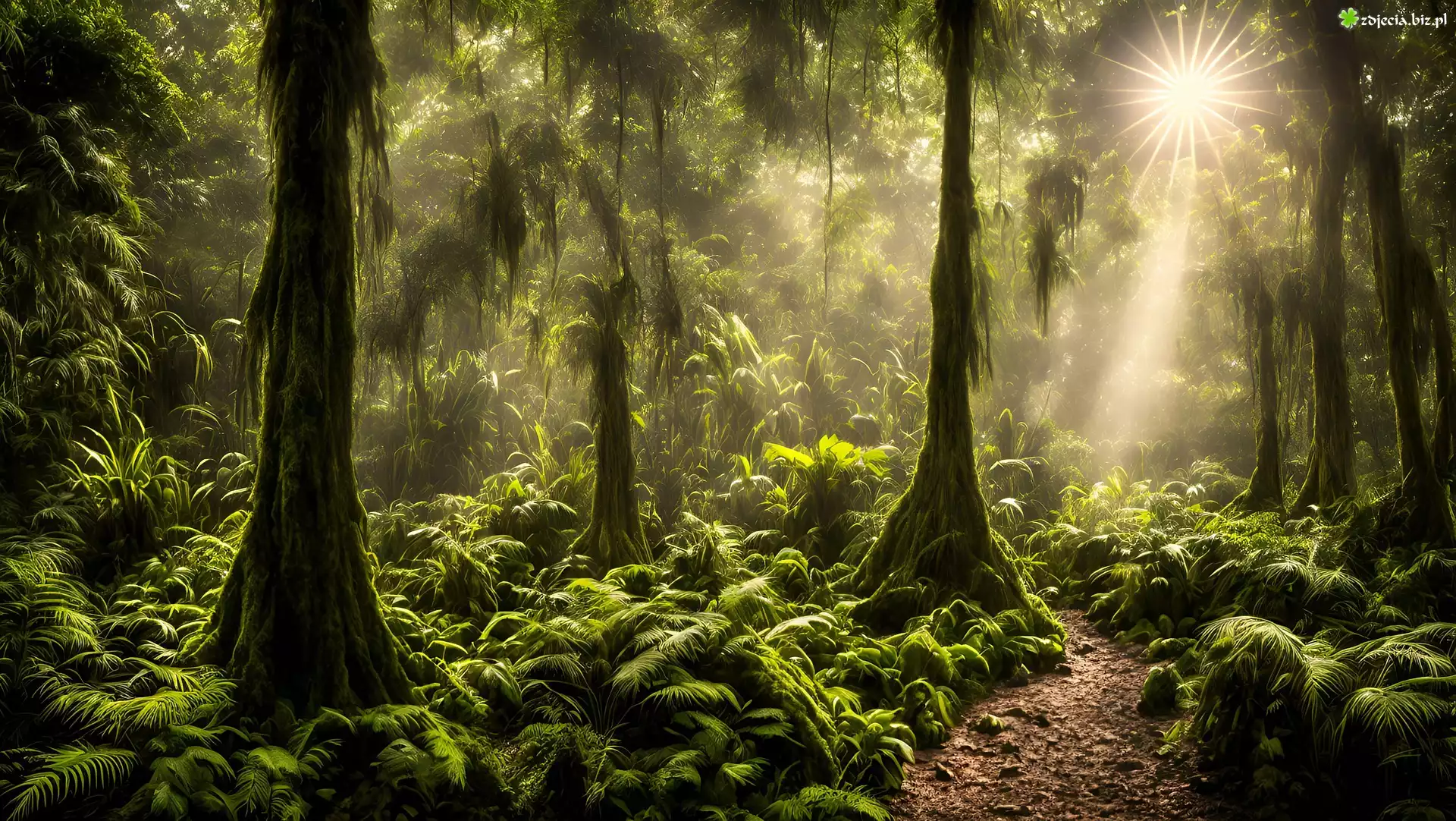 Las, Drzewa, Paprocie, Ścieżka, Paprocie, Roślinny, Promienie słońca