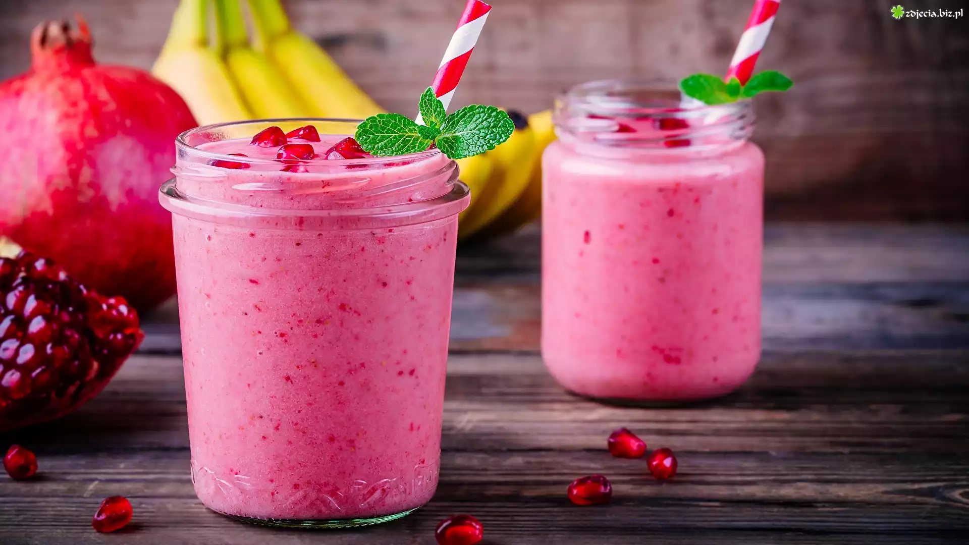 Napój, Smoothie, Słoik, Słomka, Granat, Banany, Deski