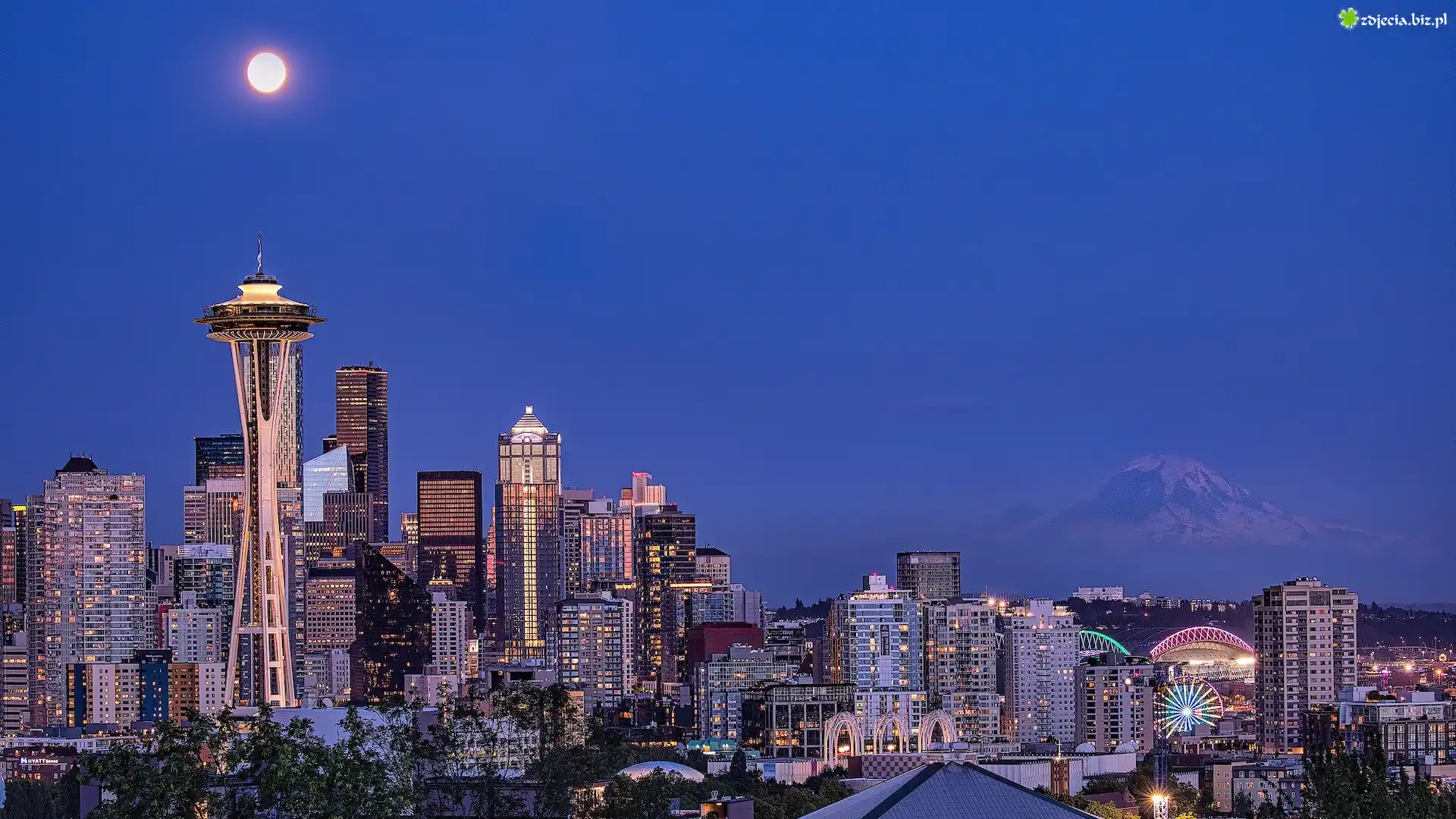 Stany Zjednoczone, Stan Waszyngton, Seattle, Wieża, Space Needle, Wieżowce, Księżyc, Pełnia