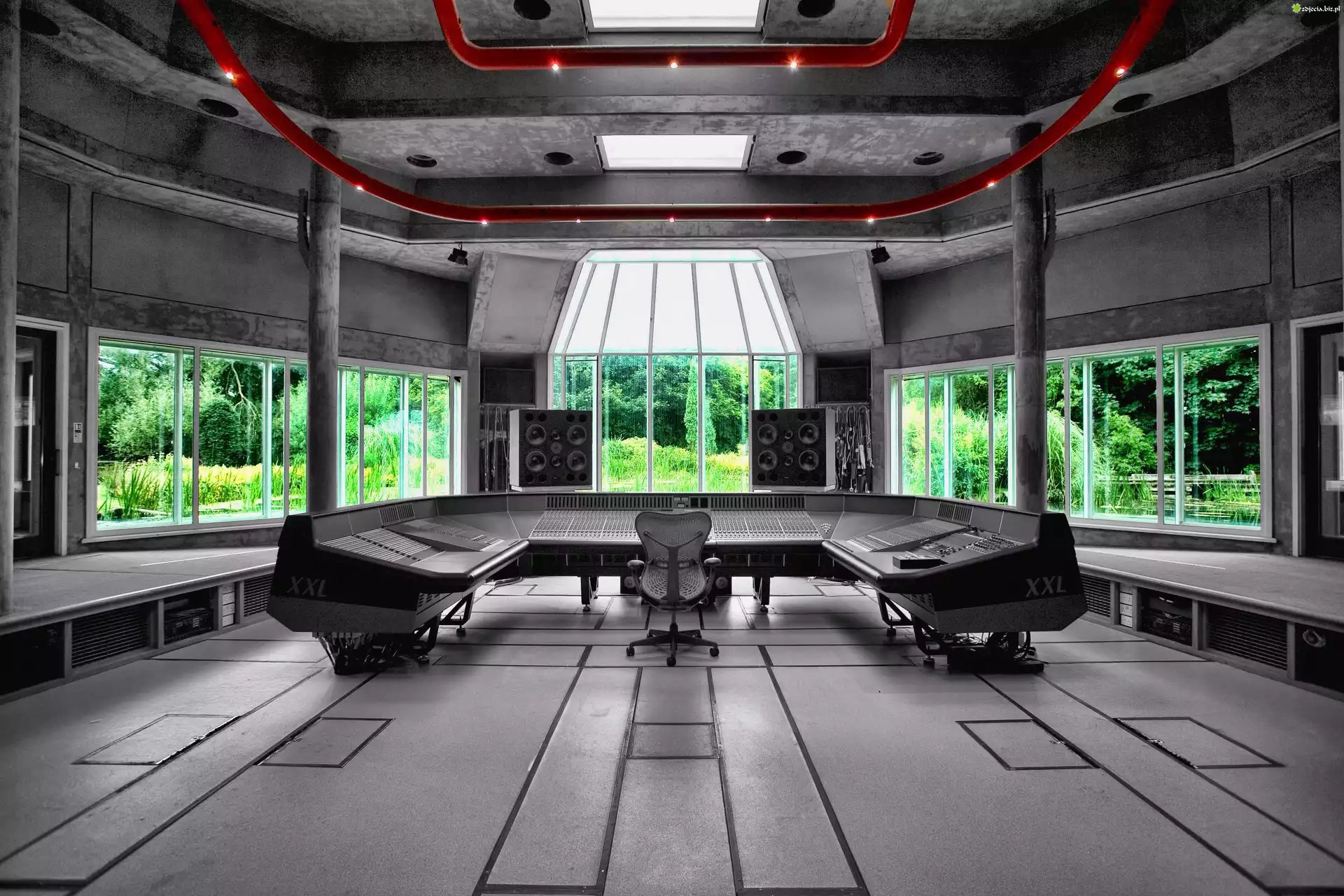 Studio, Nagraniowe, Stół, Głośniki, Okna