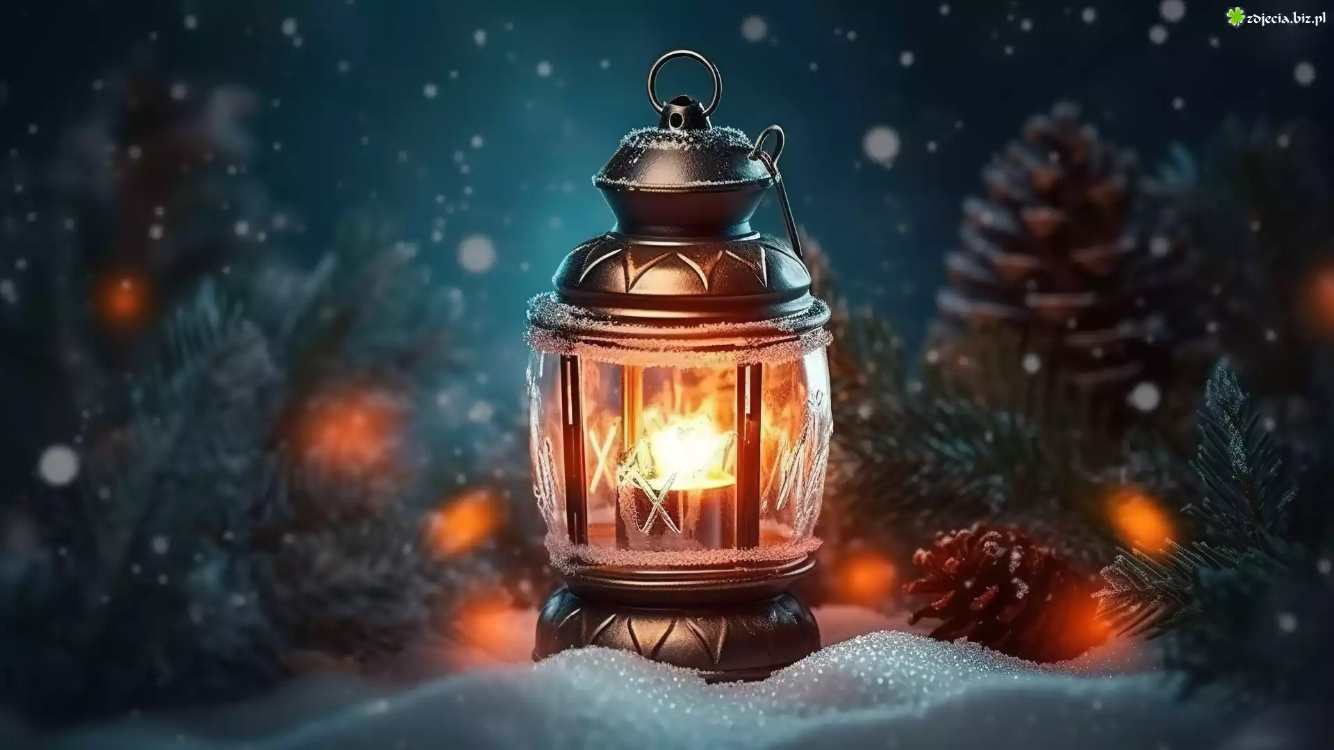Zima, Lampion, Świeca, Szyszki, Świerk, Śnieg