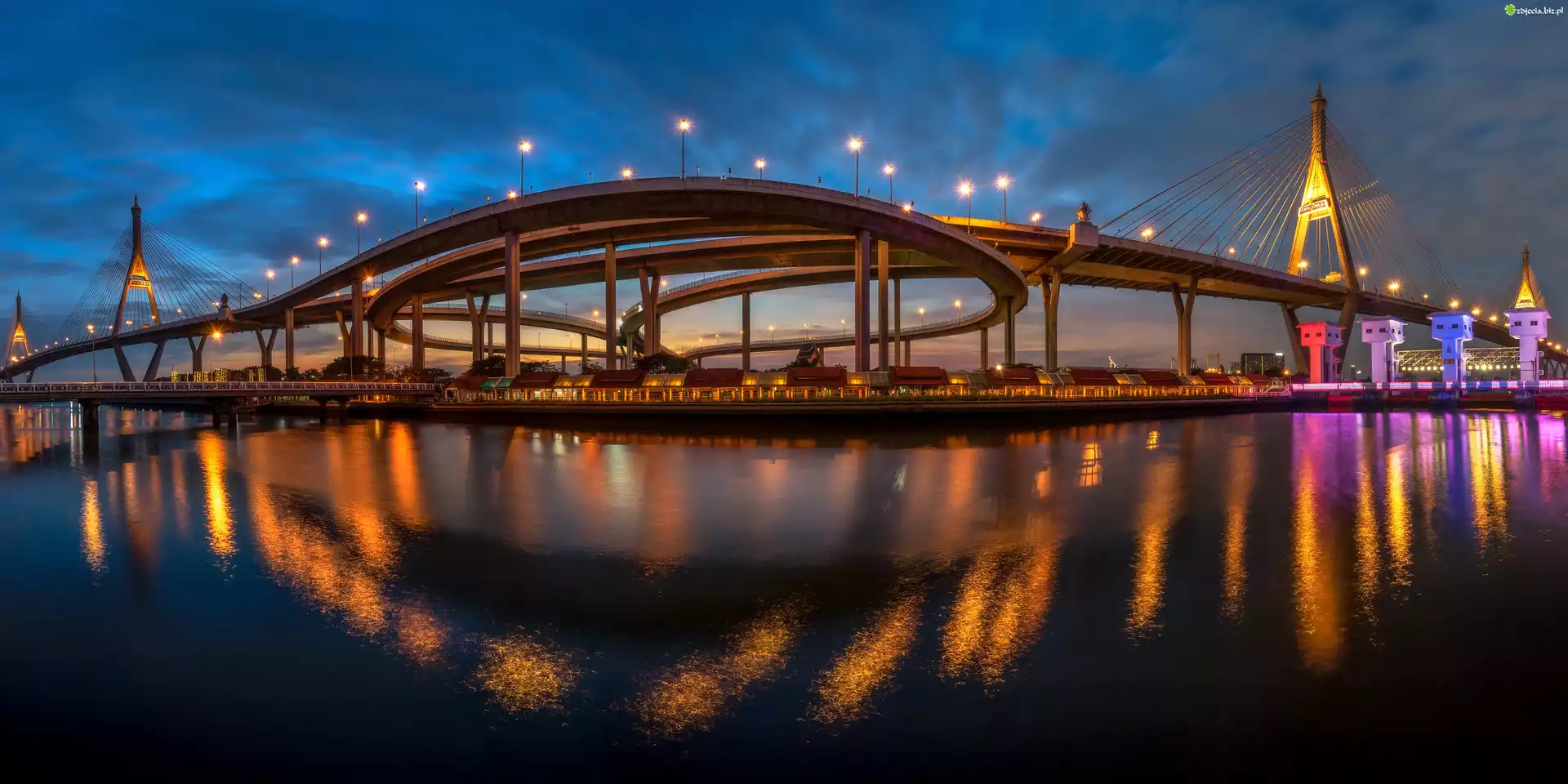 Tajlandia, Bangkok, Most, Bhumibol Bridge 2, Rzeka Menam, Noc