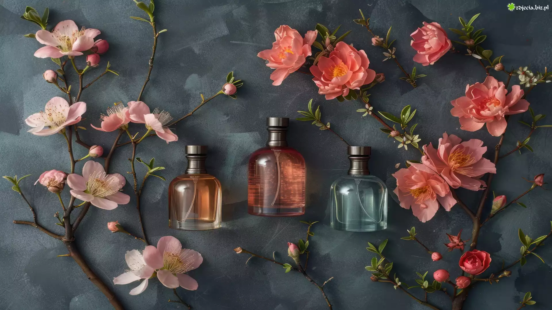 Perfumy, Trzy, Flakony, Kwiaty, Kompozycja