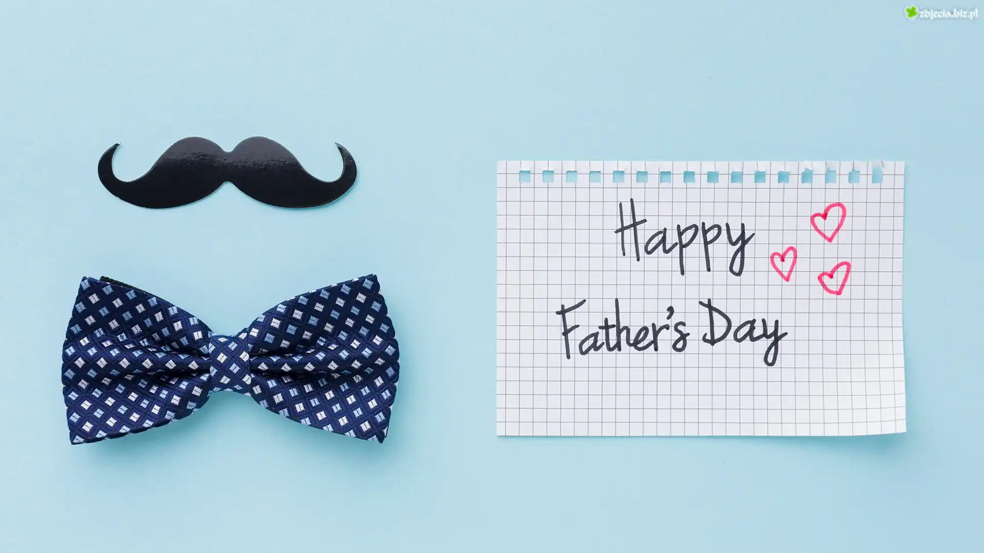 Dzień Ojca, Wąsy, Muszka, Kartka, Napis, Happy Fathers Day, Niebieskie, Tło